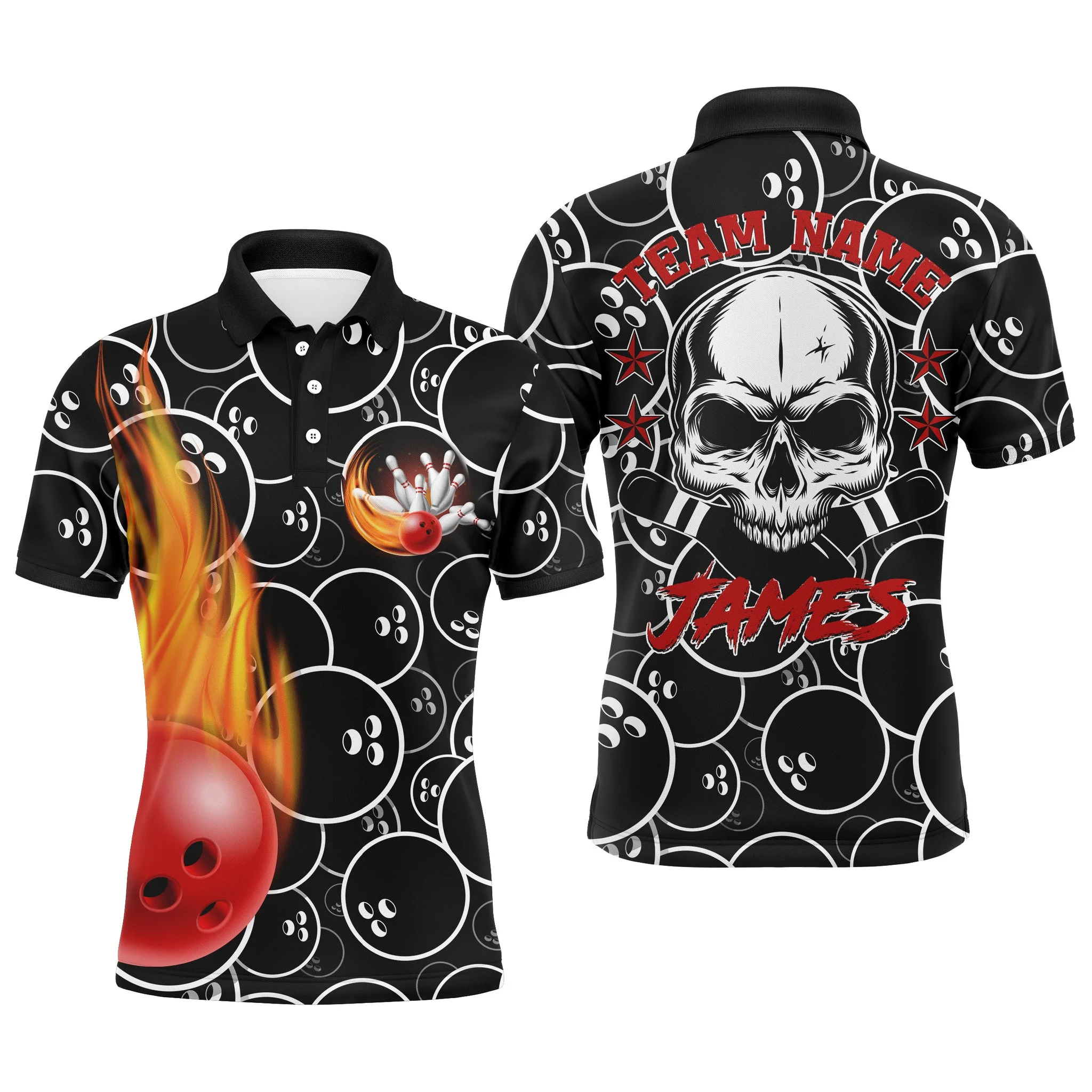 Bowling Custom Men Polo Shirt - Custom Name Flame Bowling Cool Skull Pins Black Personalized Bowling Polo Shirt - Gift For Friend, Family - Image 2