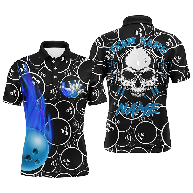 Bowling Custom Men Polo Shirt - Custom Name Flame Bowling Cool Skull Pins Black Personalized Bowling Polo Shirt - Gift For Friend, Family - Image 3