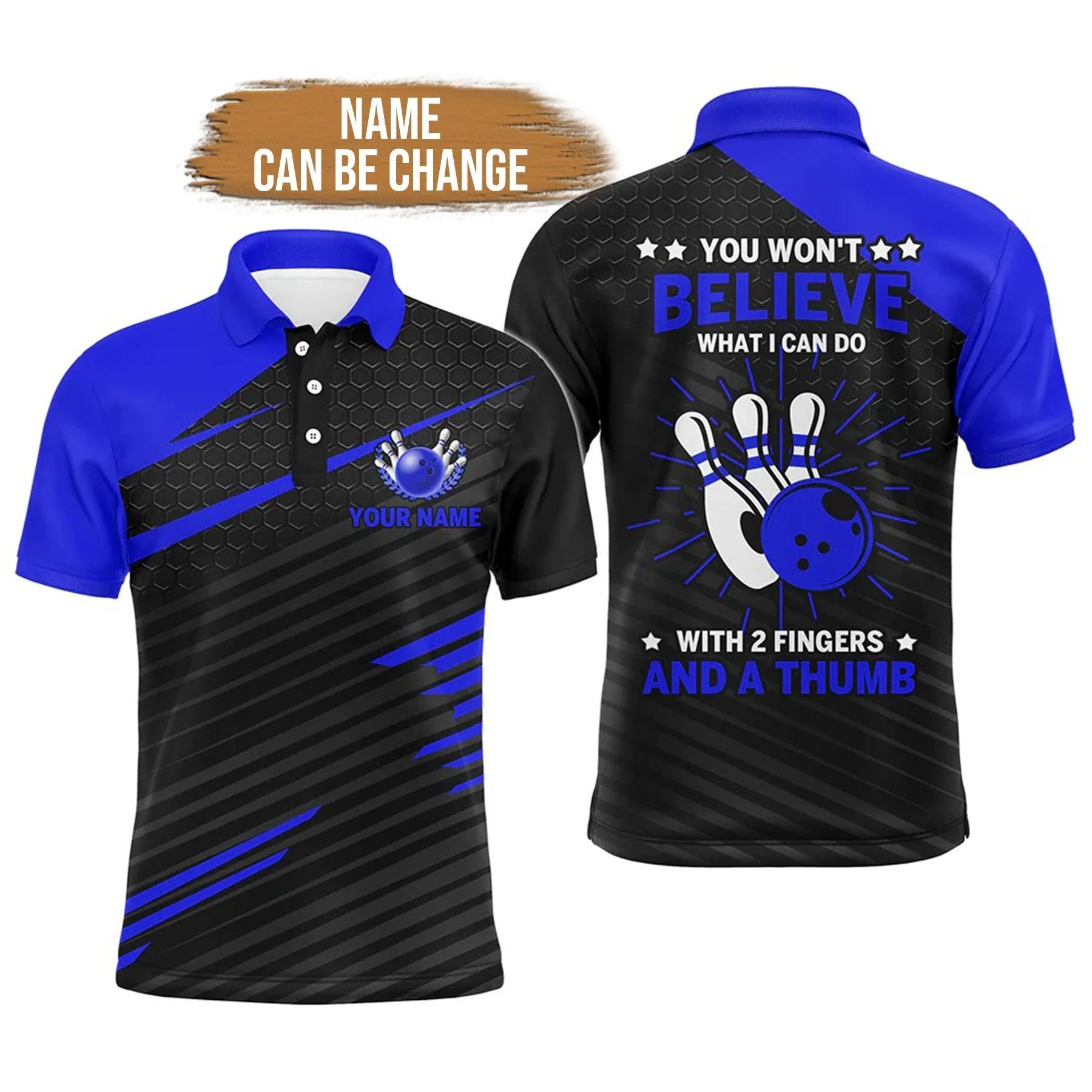 Bowling Custom Men Polo Shirt - Custom Name Funny Bowling Polo Shirt for Men, Yellow & Black 2 Fingers and A Thumb Personalized Bowling Polo Shirt - Perfect Gift For Friend, Family