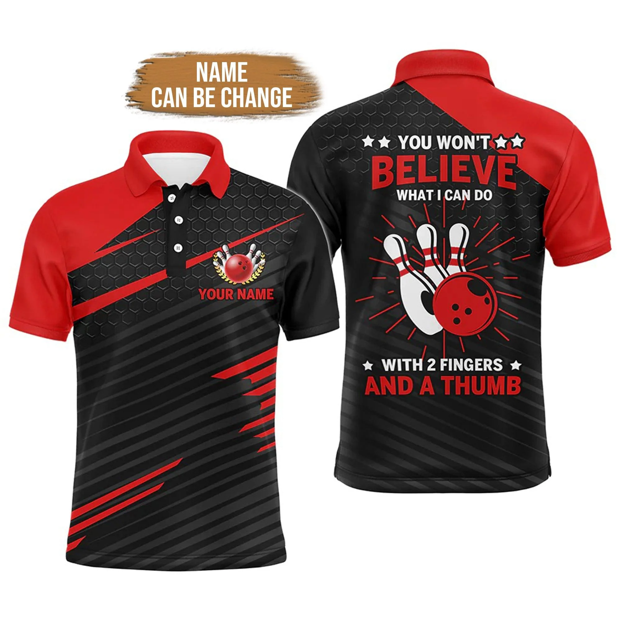 Bowling Custom Men Polo Shirt - Custom Name Funny Polo Red & Black Bowling Shirt for Men, 2 Fingers and A Thumb Bowling Personalized Bowling Polo Shirt - Perfect Gift For Friend, Family