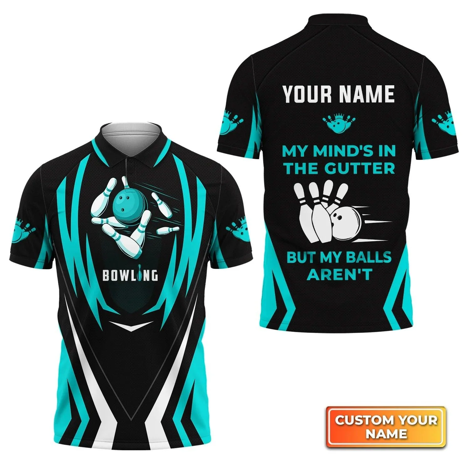 Bowling Custom Men Polo Shirt - Custom Name Light Blue Bowling My Mind's In The Gutter Personalized Bowling Polo Shirt - Perfect Gift For Friend, Family