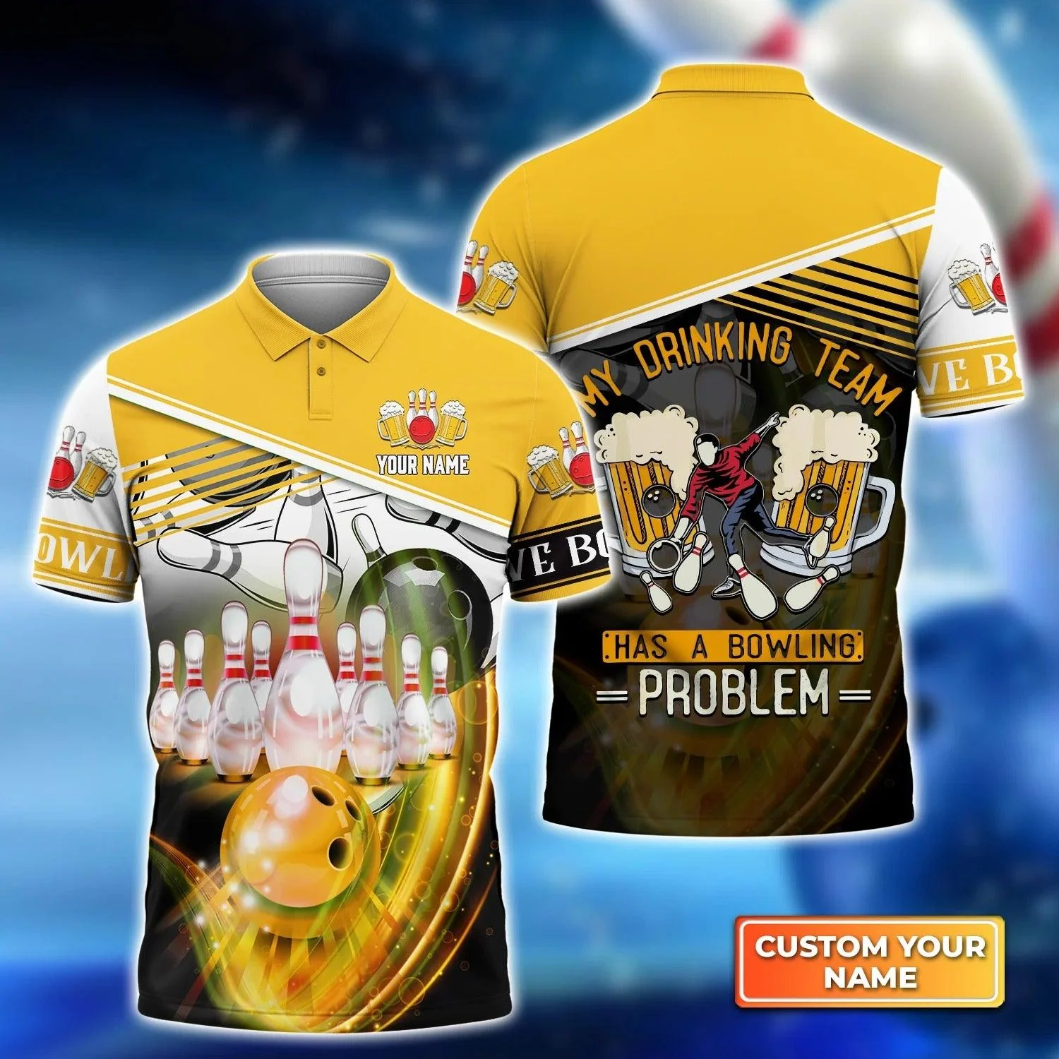 Bowling Custom Men Polo Shirt - Custom Name My Drinking Team Yellow Bowling Ball Crashing Into Pins Personalized Bowling Polo Shirt - Perfect Gift For Friend, Family