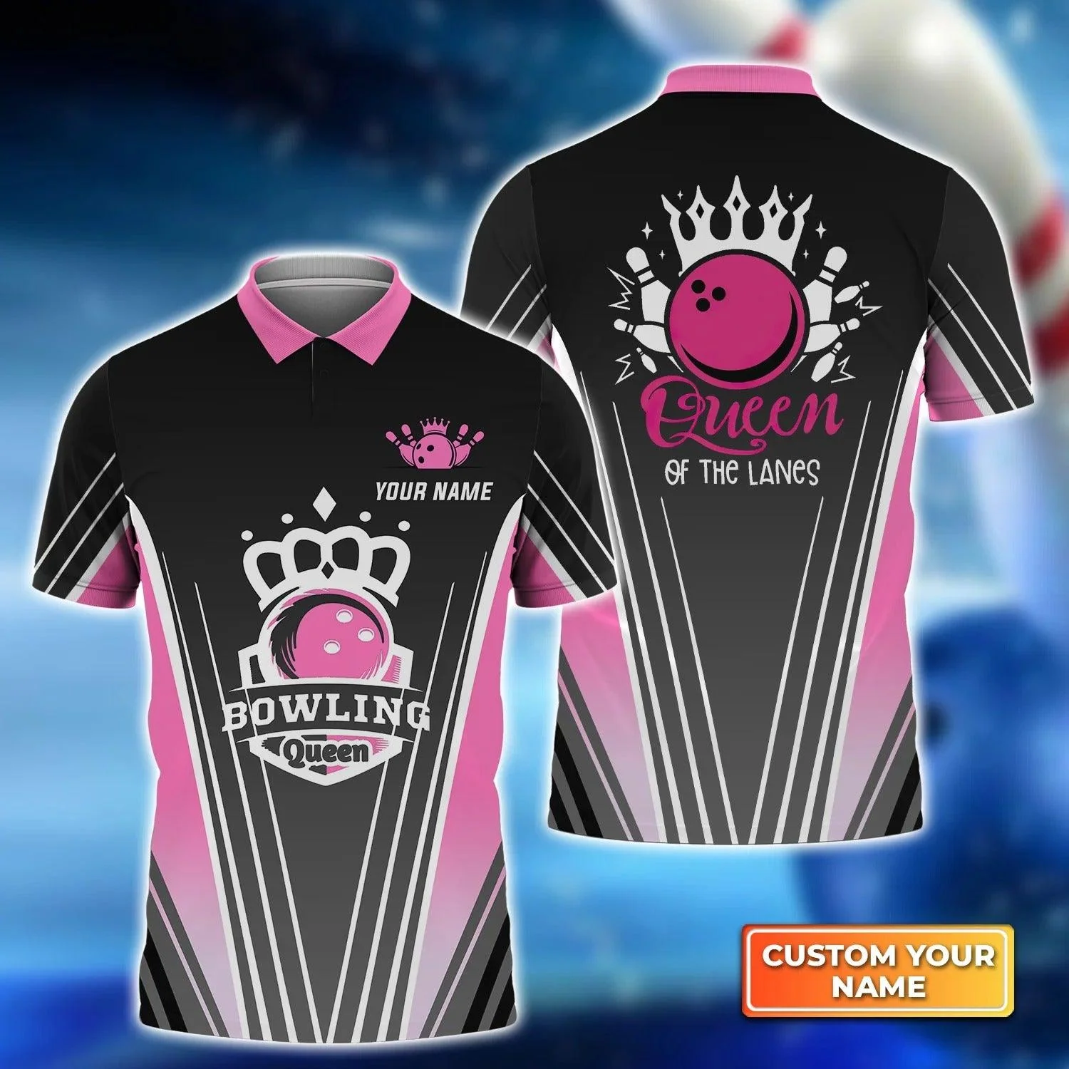 Bowling Custom Men Polo Shirt - Custom Name Pink Bowling Ball Queen Of The Lanes Personalized Bowling Polo Shirt - Perfect Gift For Friend, Family