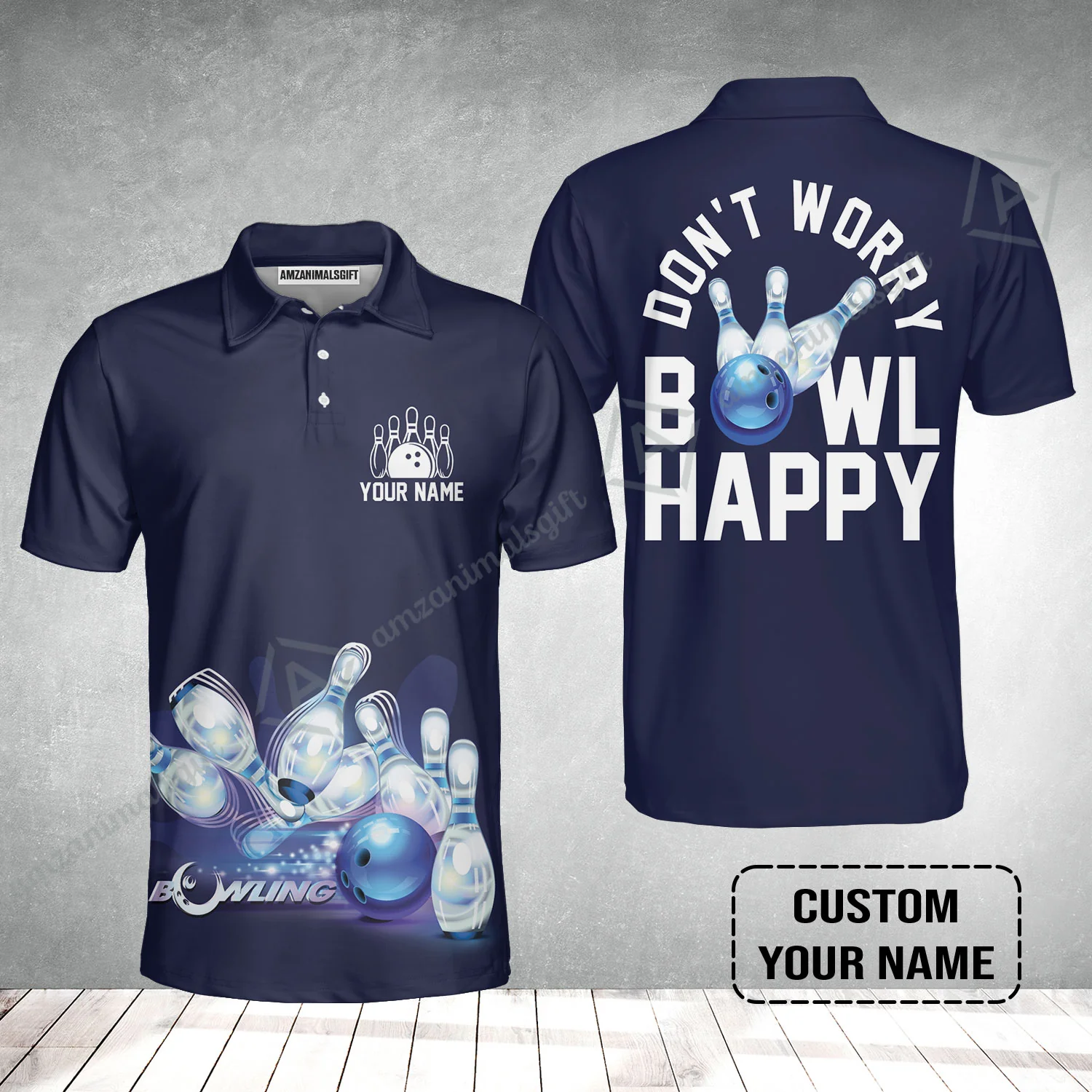 Bowling Custom Men Polo Shirt - Custom Name Polo Shirt, Don't Worry Bowl Happy Personalized Bowling Polo Shirt - Gift For Friend, Family, Bowling Lovers - Image 2