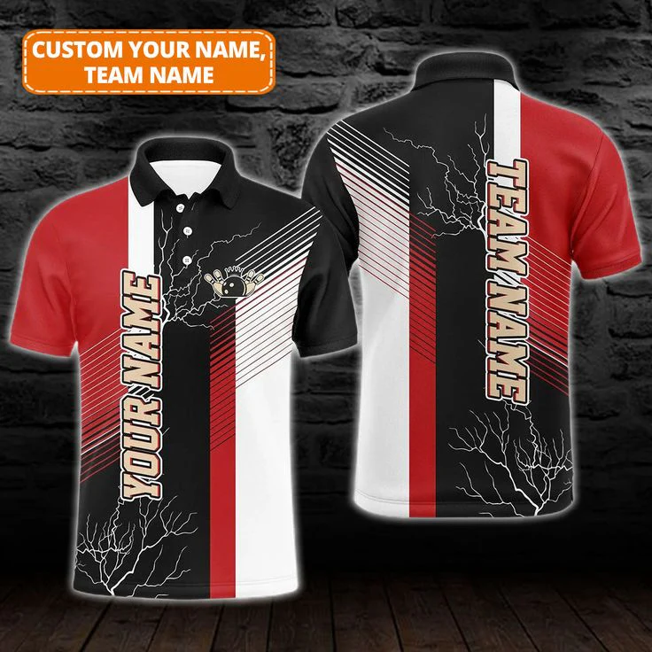 Bowling Custom Men Polo Shirt - Custom Name Red And Black Plaid Pattern Personalized Bowling Polo Shirt - Gift For Friend, Family - Image 2
