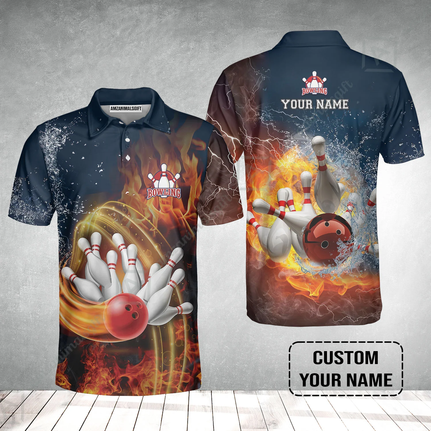 Bowling Custom Men Polo Shirt - Custom Name Red Bowl And Pins In Water And Fire Personalized Bowling Polo Shirt - Image 2