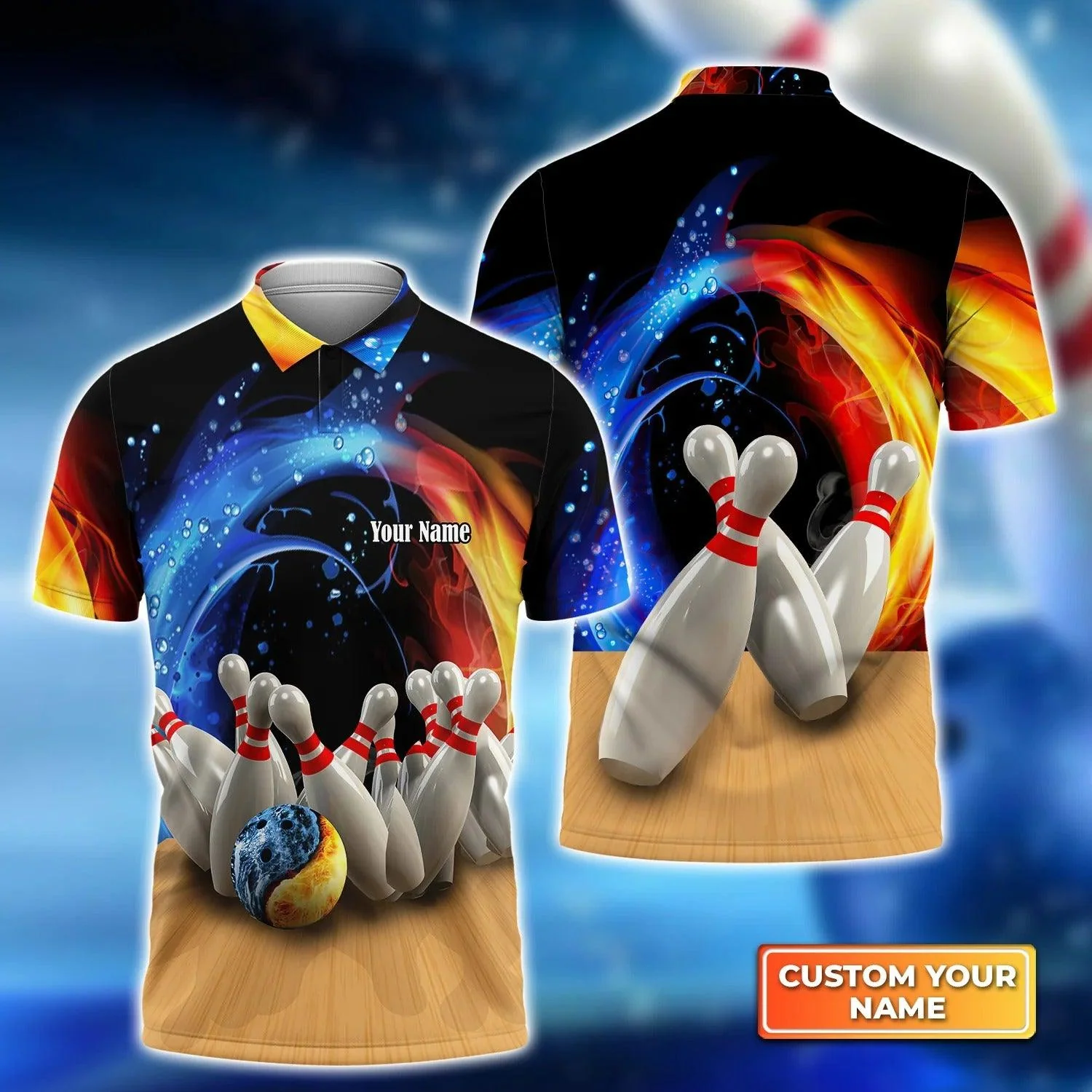 Bowling Custom Men Polo Shirt - Custom Name Red Bowling Ball Crashing into the Pins Personalized Bowling Polo Shirt - Perfect Gift For Friend, Family