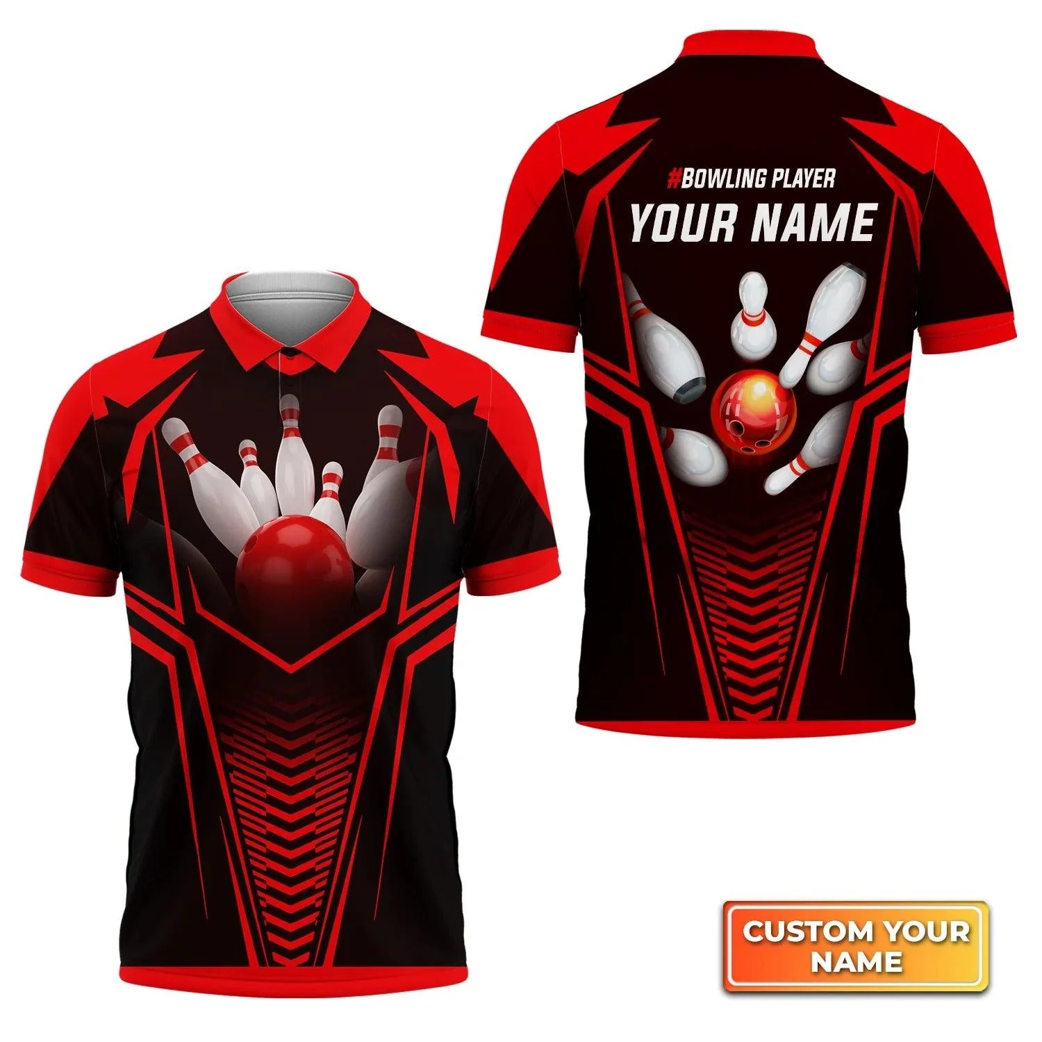 Bowling Custom Men Polo Shirt - Custom Name Red Bowling Ball Crashing The Pins Personalized Bowling Polo Shirt - Perfect Gift For Friend, Family