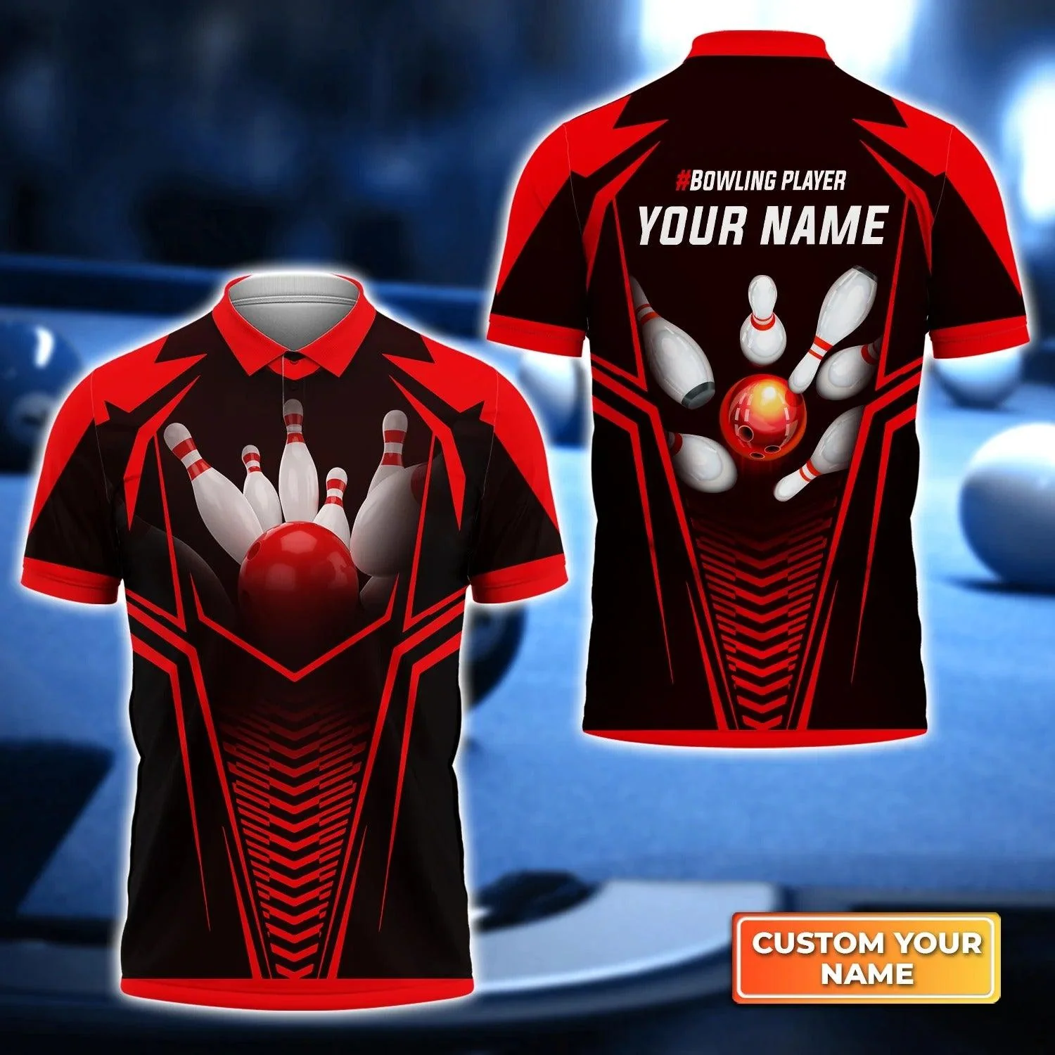 Bowling Custom Men Polo Shirt - Custom Name Red Bowling Ball Crashing The Pins Personalized Bowling Polo Shirt - Perfect Gift For Friend, Family - Image 2