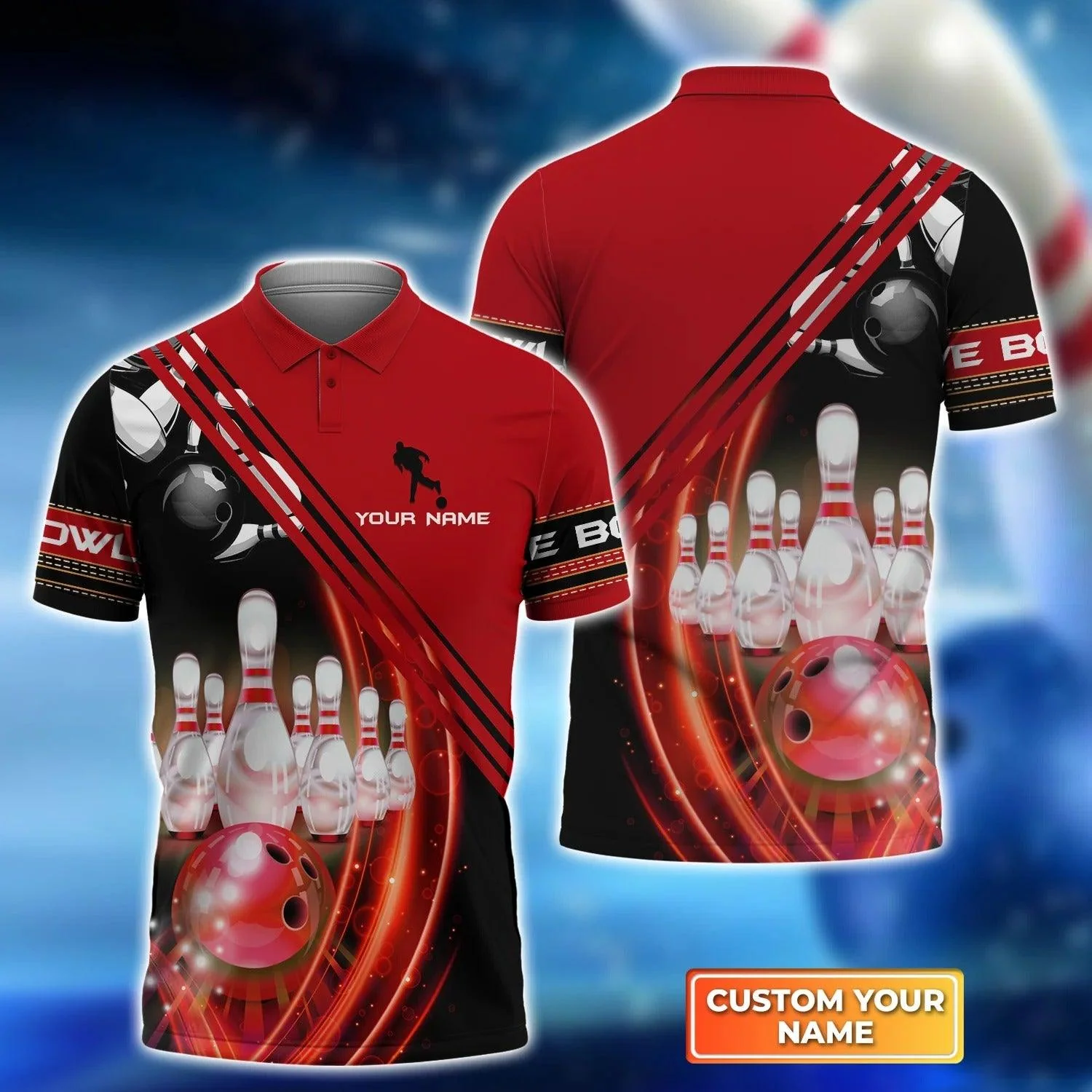 Bowling Custom Men Polo Shirt - Custom Name Red Bowling Ball in Motion and the Pins Personalized Bowling Polo Shirt - Perfect Gift For Friend, Family