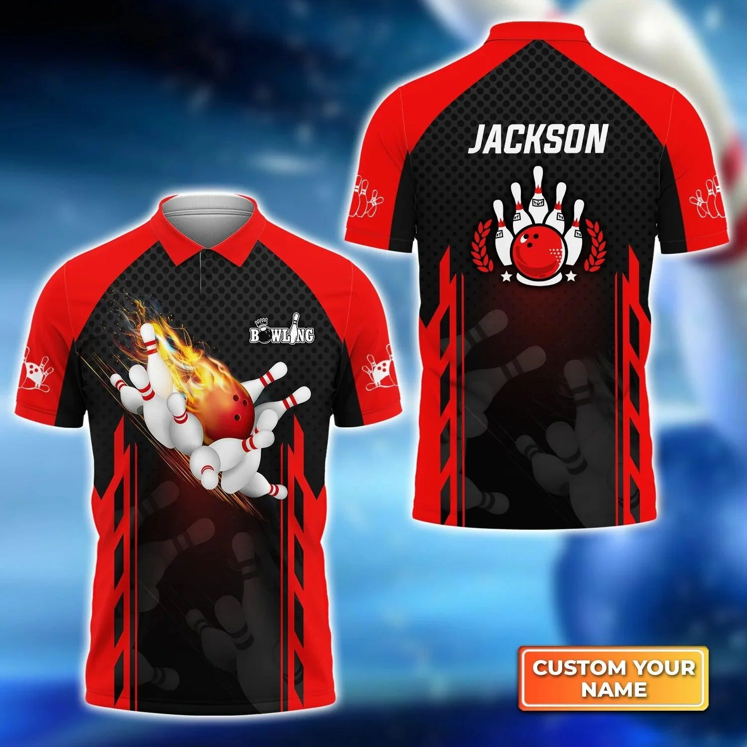 Bowling Custom Men Polo Shirt - Custom Name Red Bowling Ball On Fire Personalized Bowling Polo Shirt - Perfect Gift For Friend, Family