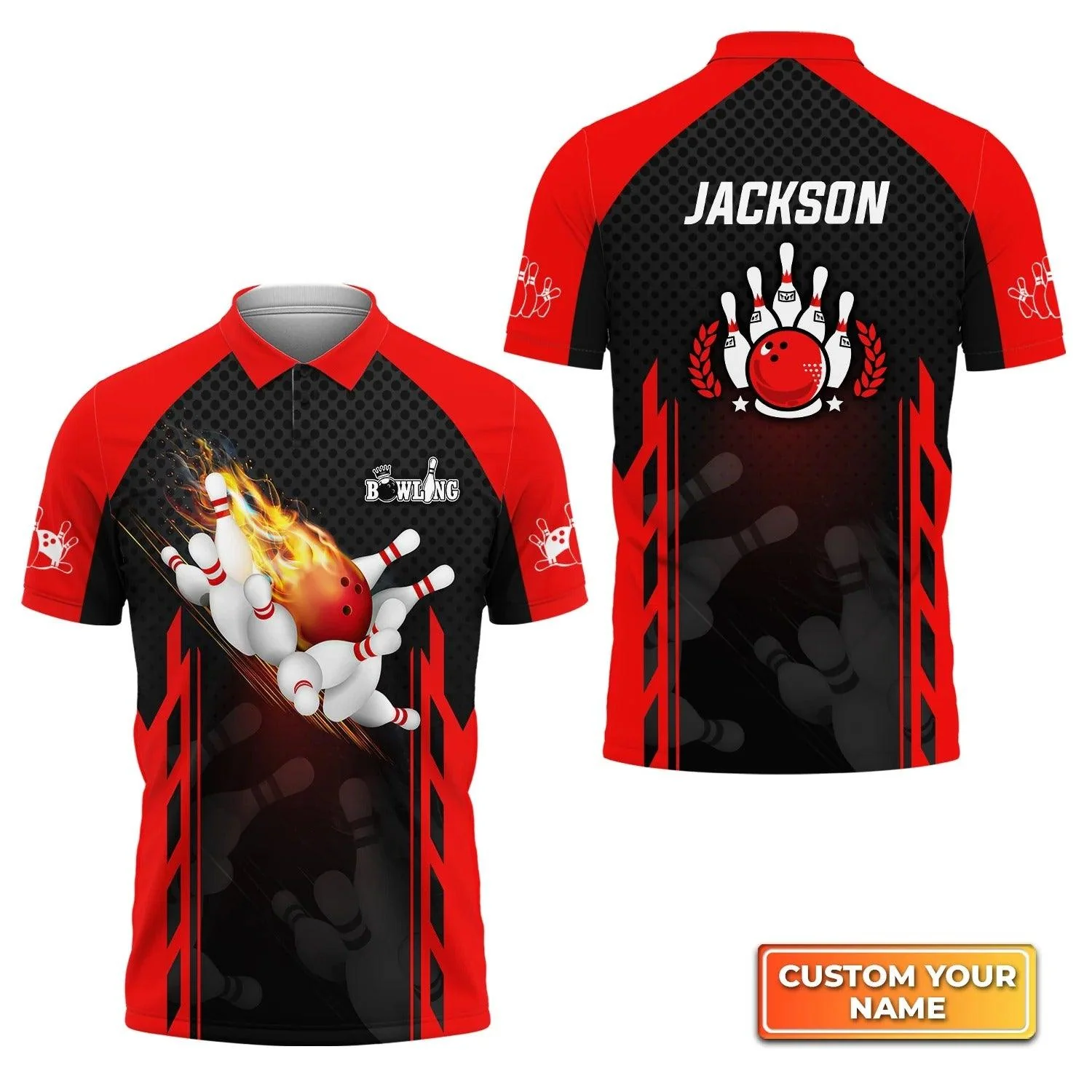 Bowling Custom Men Polo Shirt - Custom Name Red Bowling Ball On Fire Personalized Bowling Polo Shirt - Perfect Gift For Friend, Family - Image 3