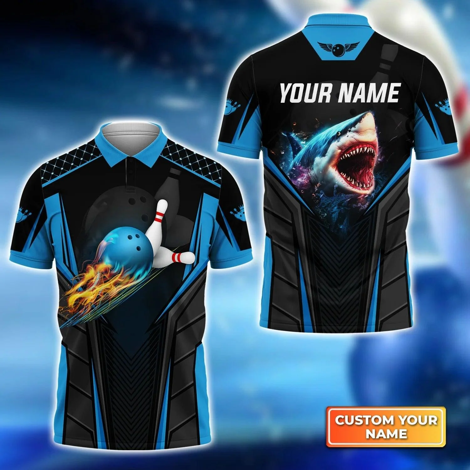 Bowling Custom Men Polo Shirt - Custom Name Shark Team Blue Bowling Ball Personalized Bowling Polo Shirt - Perfect Gift For Friend, Family