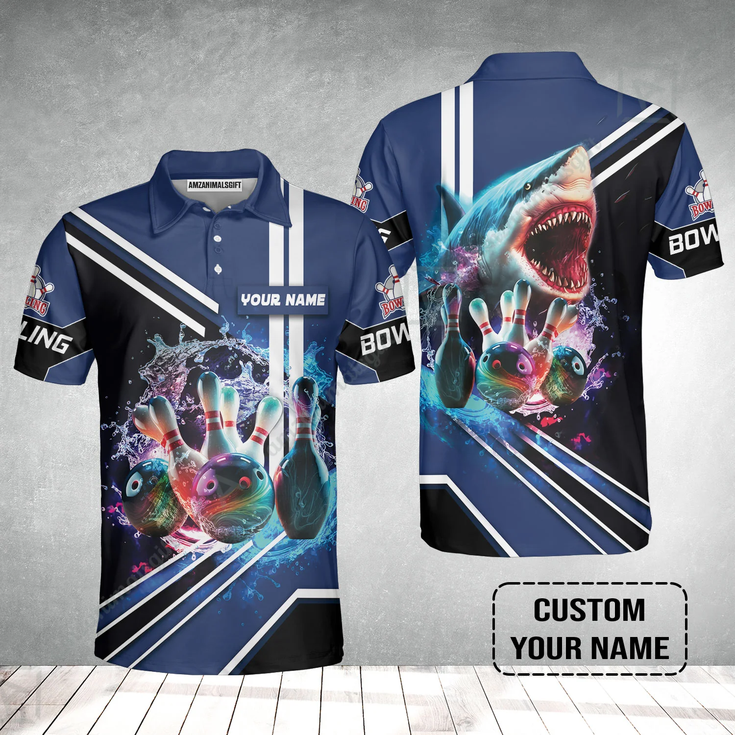 Bowling Custom Men Polo Shirt - Custom Name Shark Team Rainbow Bowling Ball And Pins On Water Personalized Bowling Polo Shirt - Image 2