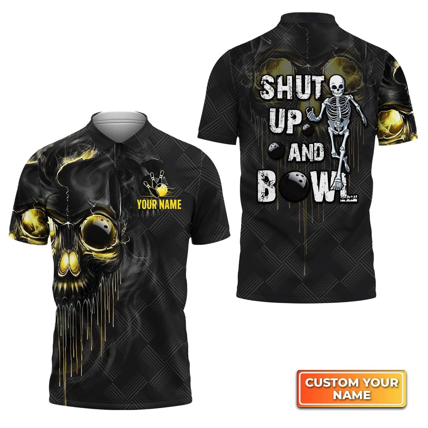 Bowling Custom Men Polo Shirt - Custom Name Shut Up And Bowl Golden Skull Personalized Bowling Polo Shirt - Perfect Gift For Friend, Family