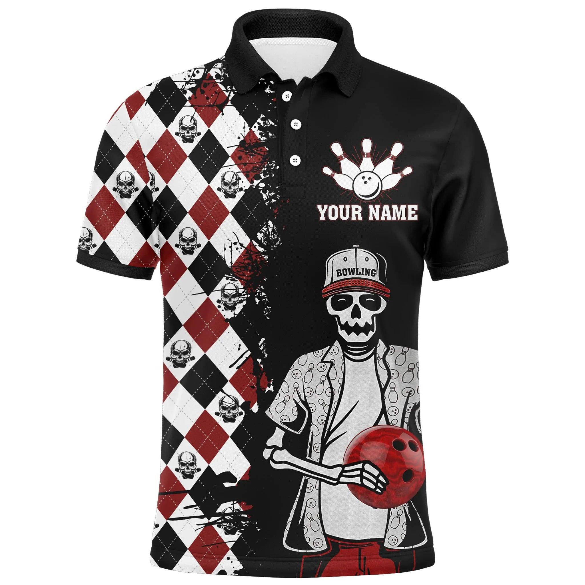 Bowling Custom Men Polo Shirt - Custom Name Skull Men, Argyle Bowling Pattern Personalized Bowling Polo Shirt - Perfect Gift For Friend, Family - Image 3