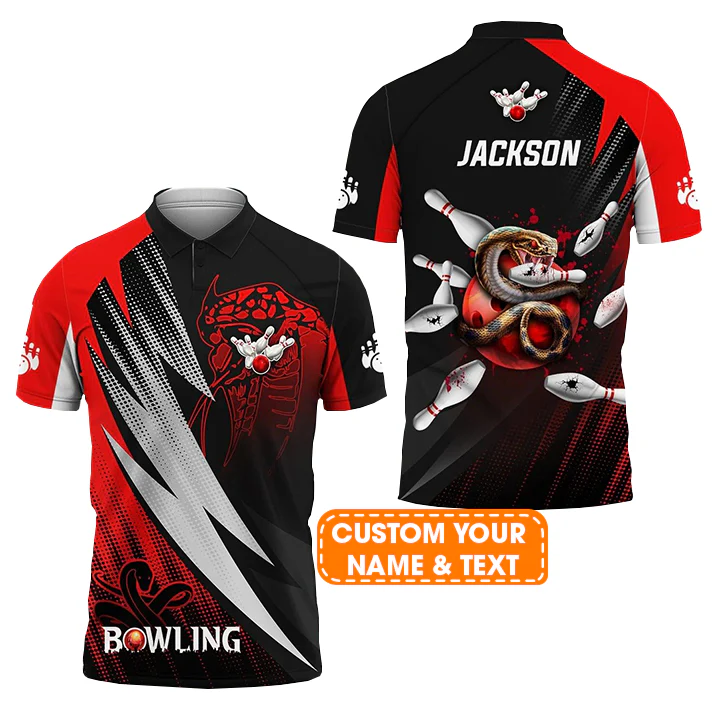 Bowling Custom Men Polo Shirt - Custom Name Strike Bloody Snake Bowling Ball On Fire Personalized Bowling Polo Shirt - Perfect Gift For Friend, Family - Image 2