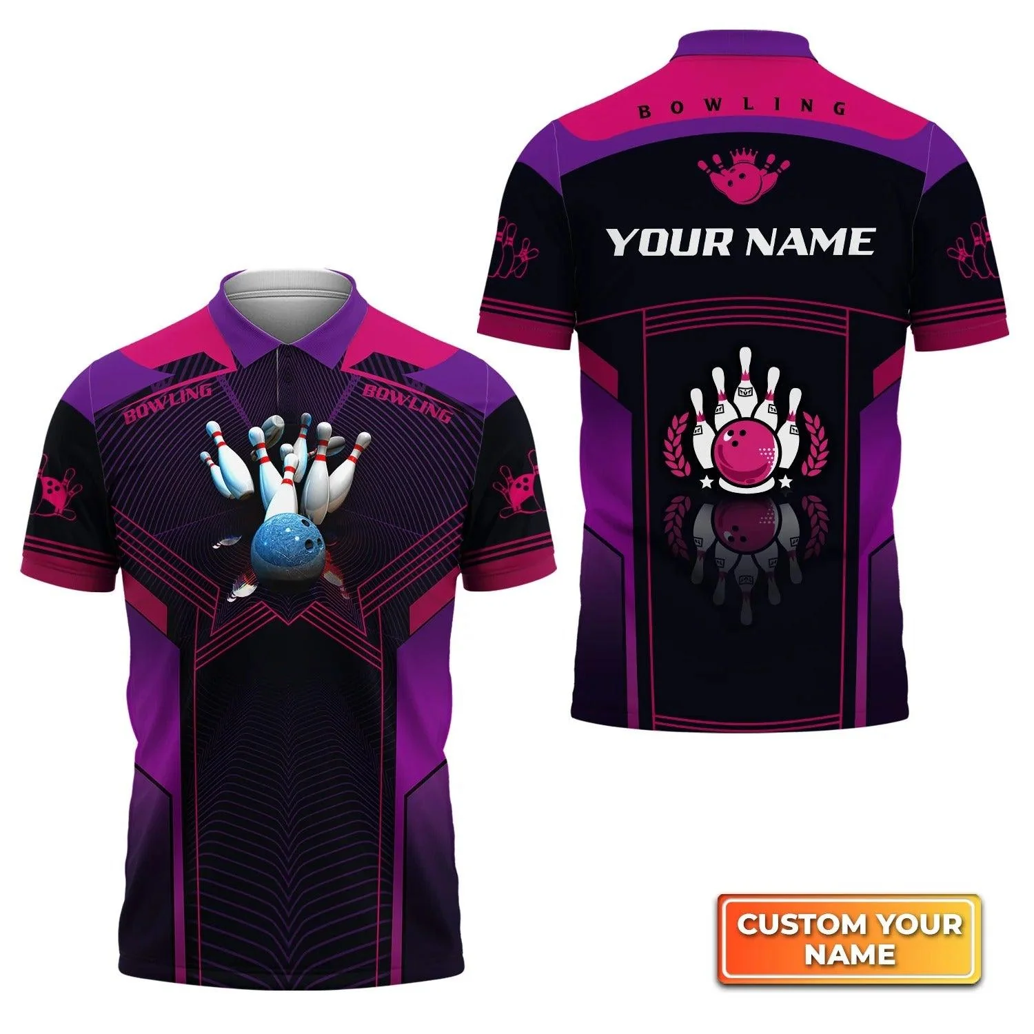 Bowling Custom Men Polo Shirt - Custom Name The Blue Bowling Ball Crashing The Pins Purple Pattern Personalized Bowling Polo Shirt - Perfect Gift For Friend, Family