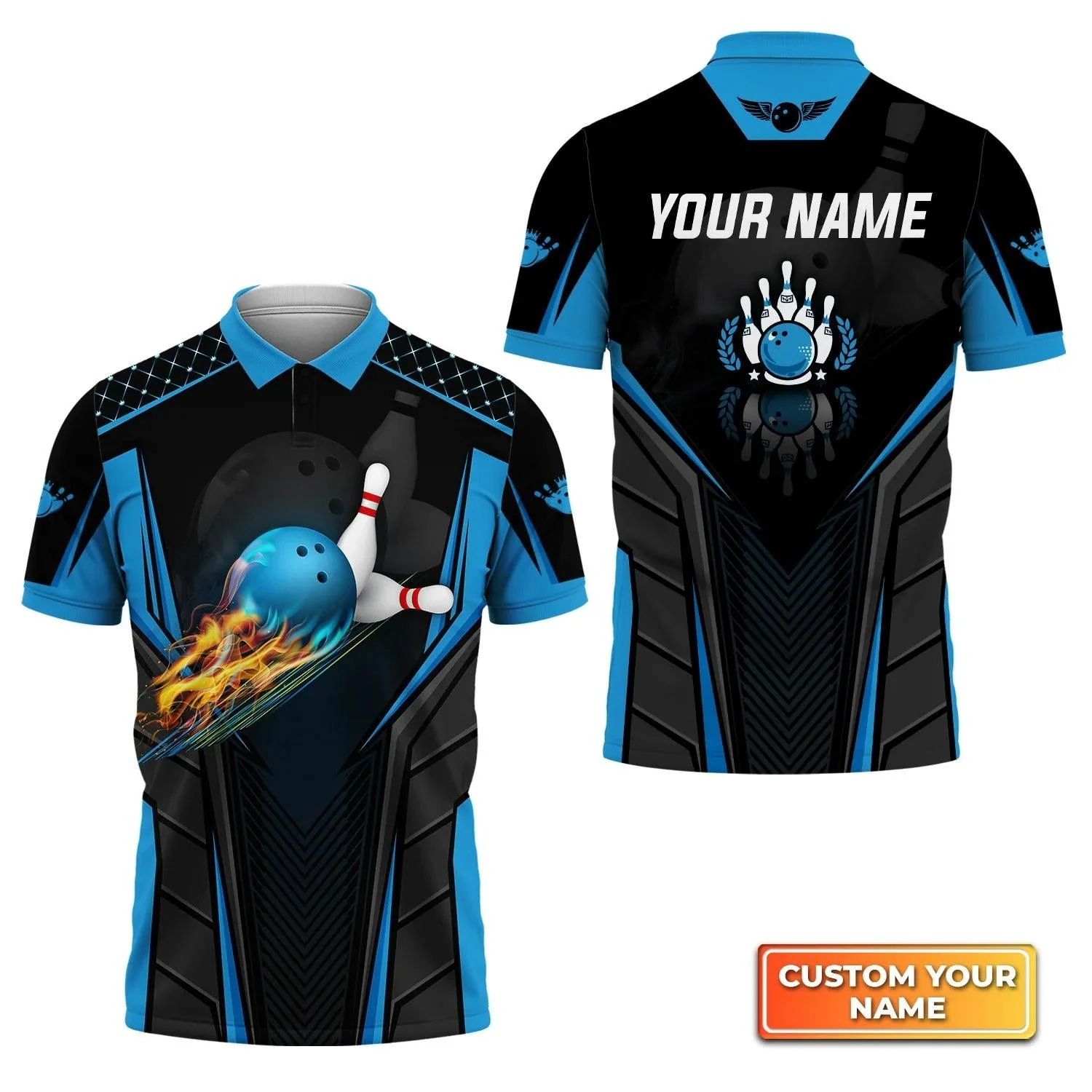 Bowling Custom Men Polo Shirt - Custom Name The Blue Bowling Ball in Flames Breaks White Skittles Personalized Bowling Polo Shirt - Perfect Gift For Friend, Family