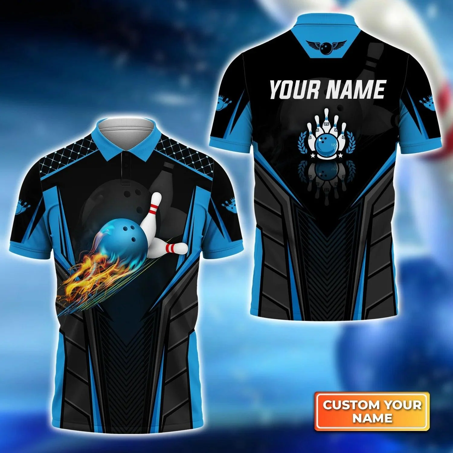 Bowling Custom Men Polo Shirt - Custom Name The Blue Bowling Ball in Flames Breaks White Skittles Personalized Bowling Polo Shirt - Perfect Gift For Friend, Family - Image 2