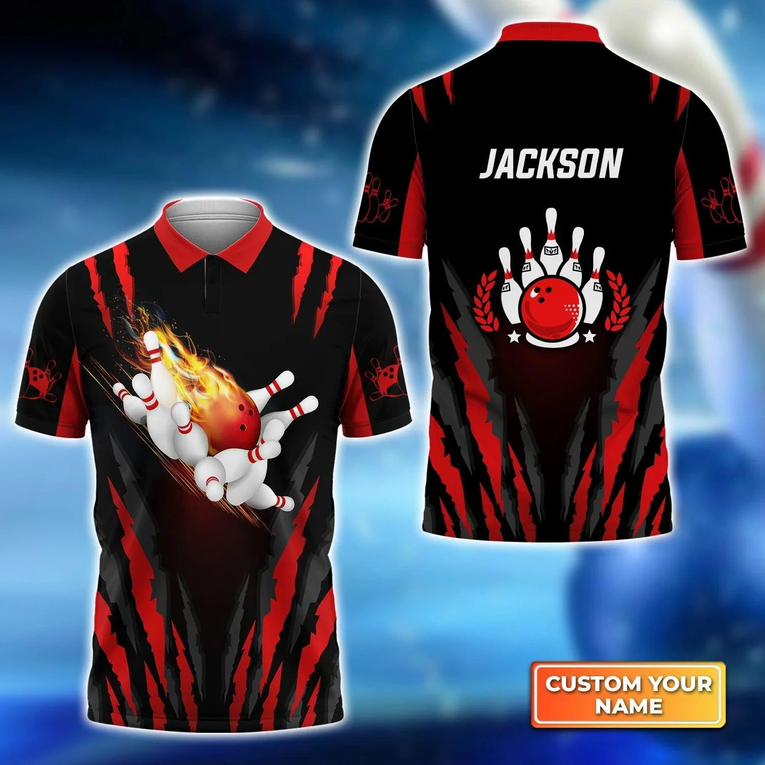 Bowling Custom Men Polo Shirt - Custom Name The Red Bowling Ball in Flames Breaks White Skittles Personalized Bowling Polo Shirt - Perfect Gift For Friend, Family - Image 2