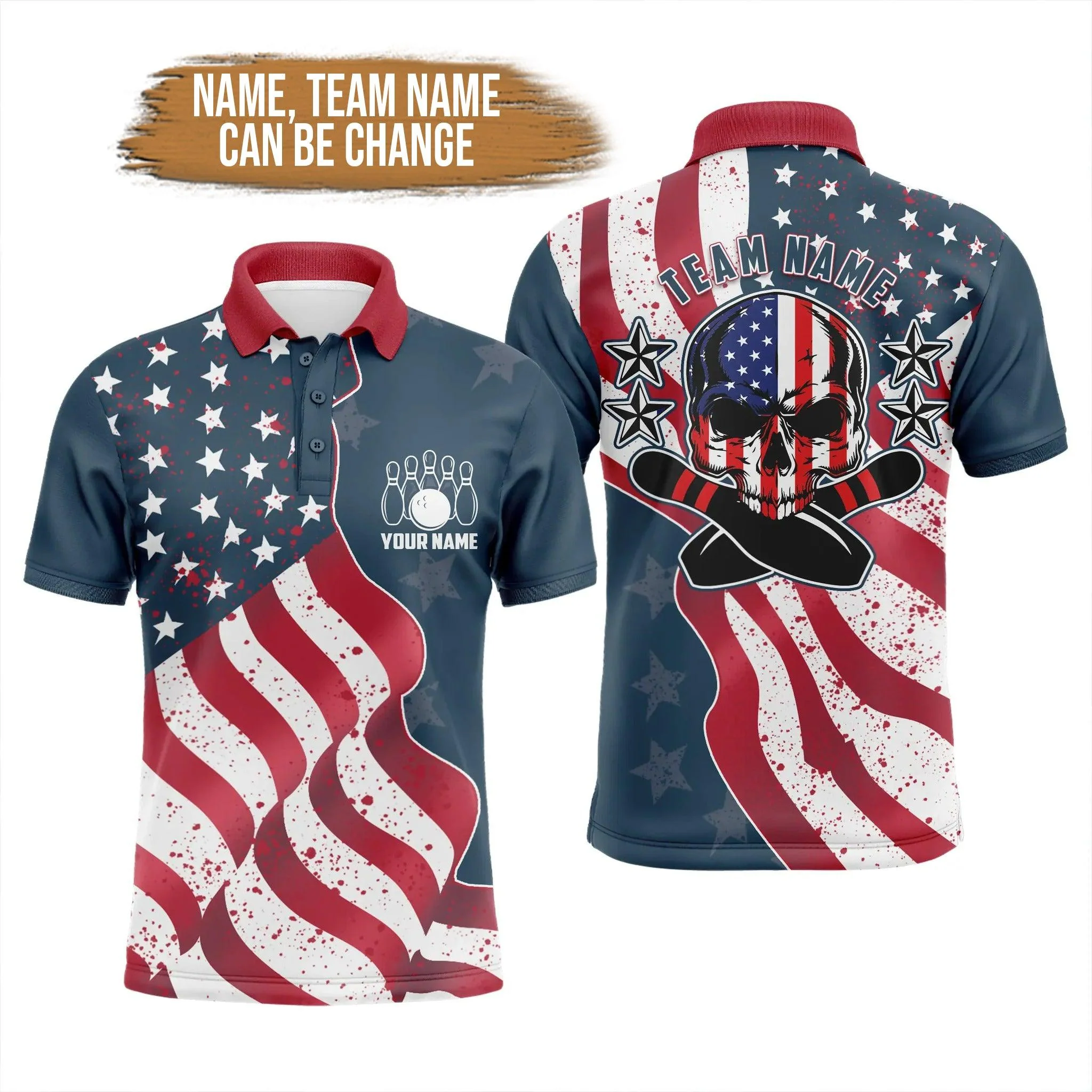 Bowling Custom Men Polo Shirt - Custom Name Vintage American Flag Patriotic Skull Bowling Personalized Bowling Polo Shirt - Perfect Gift For Friend, Family - Image 2