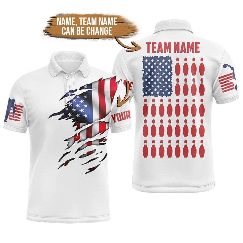 Bowling Custom Men Polo Shirt - Customizable American Flag Bowling Pin Personalized Bowling Polo Shirt - Perfect Gift For Friend, Family