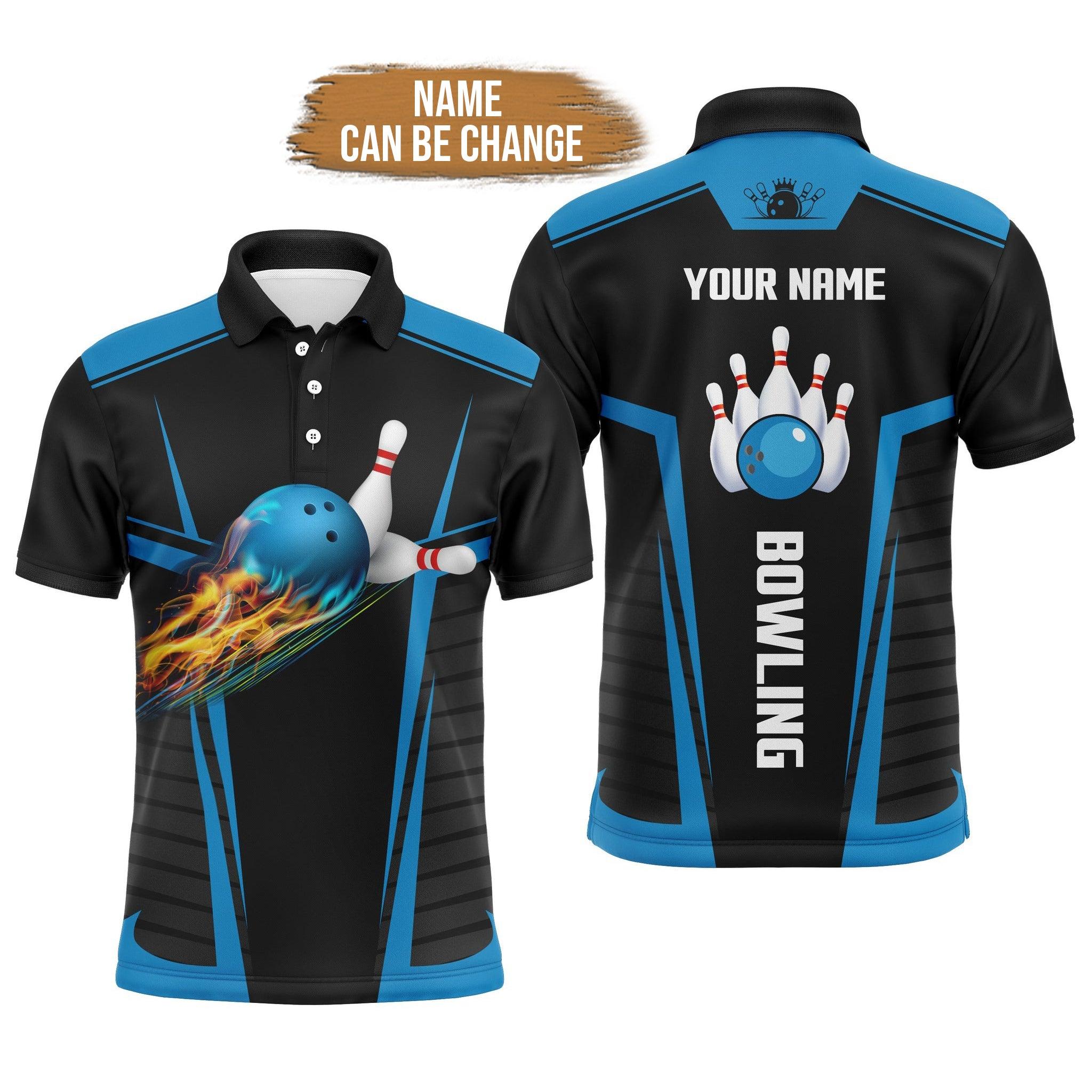 Bowling Custom Men Polo Shirt, Customized Bowling With Flame And Pins Black Blue Personalized Bowling Polo Shirt - Gift For Friend, Family