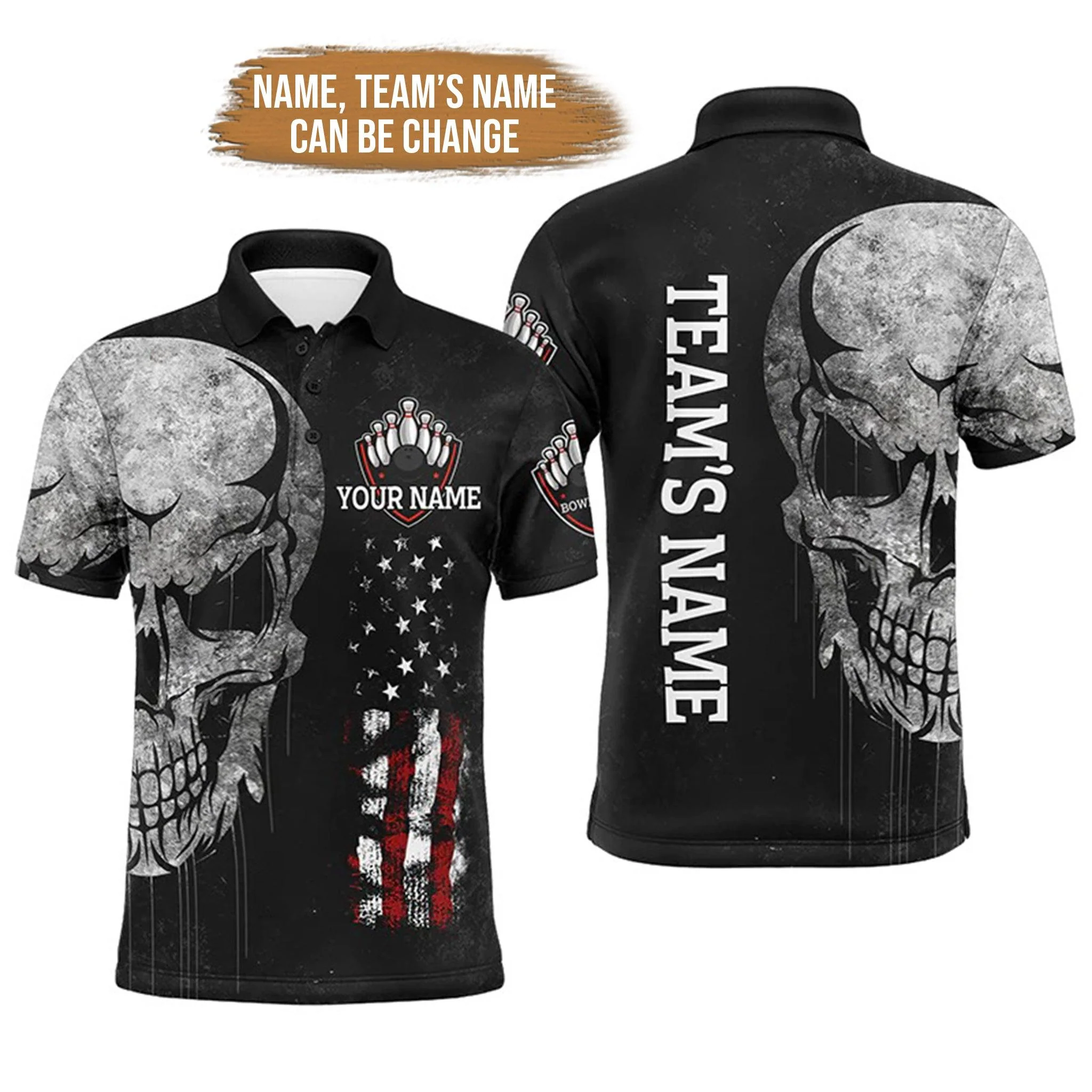 Bowling Custom Men Polo Shirt - Patriotic Custom Name, Men's Skull Personalized Bowling Polo Shirt - Gift For Friend, Family