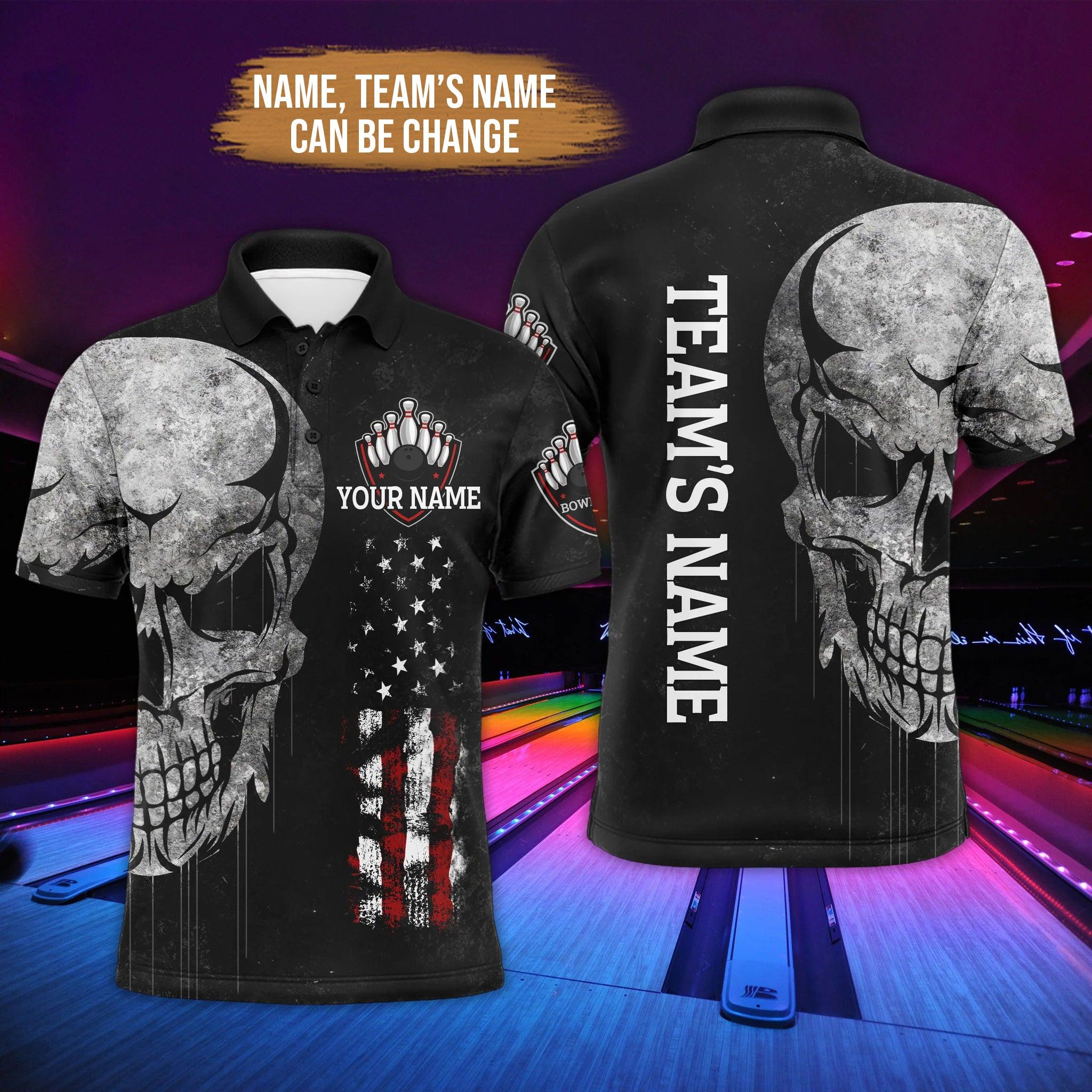 Bowling Custom Men Polo Shirt - Patriotic Custom Name, Men's Skull Personalized Bowling Polo Shirt - Gift For Friend, Family - Image 2