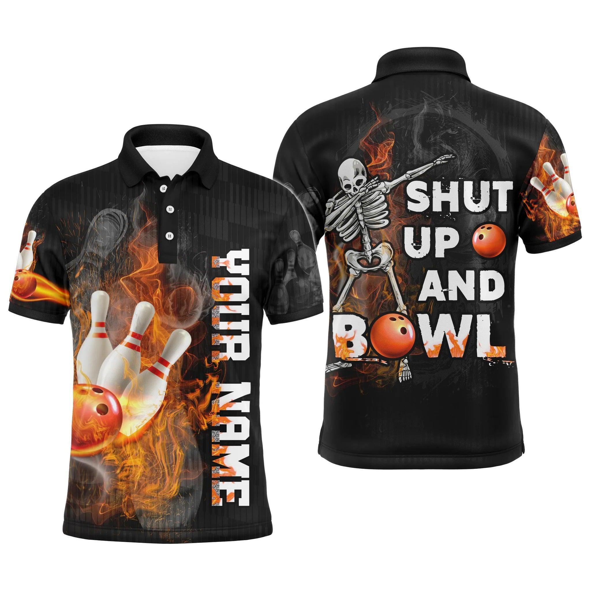 Bowling Custom Men Polo Shirt - Shut Up And Bowl, Flame Skull Personalized Bowling Polo Shirt - Gift For Friend, Family - Image 2