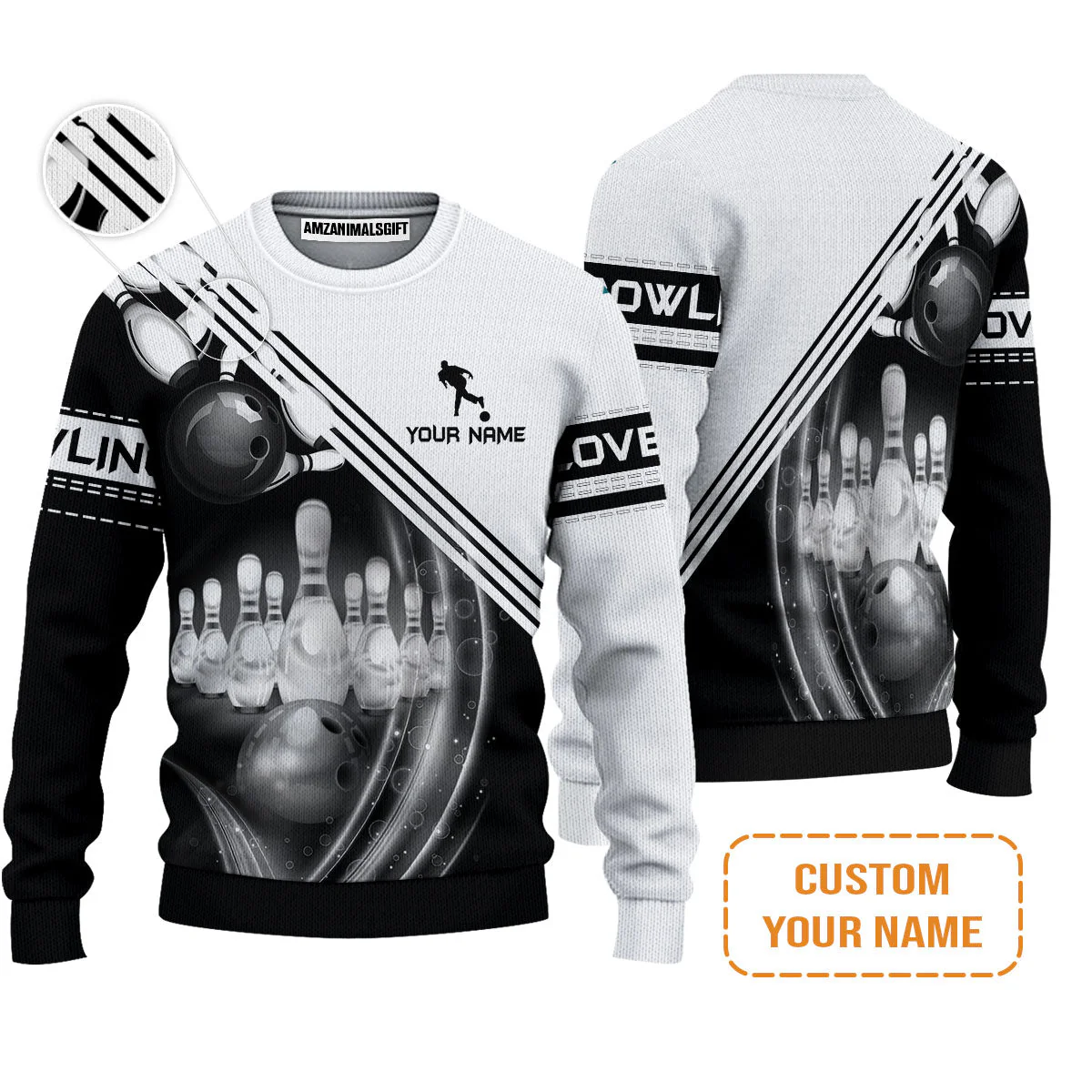 Bowling Custom Men's Long Sleeve Polo Shirt - Custom Name Black And White Bowling Ball In Motion And The Pins Personalized Bowling Long Sleeve Polo Shirt - Image 4