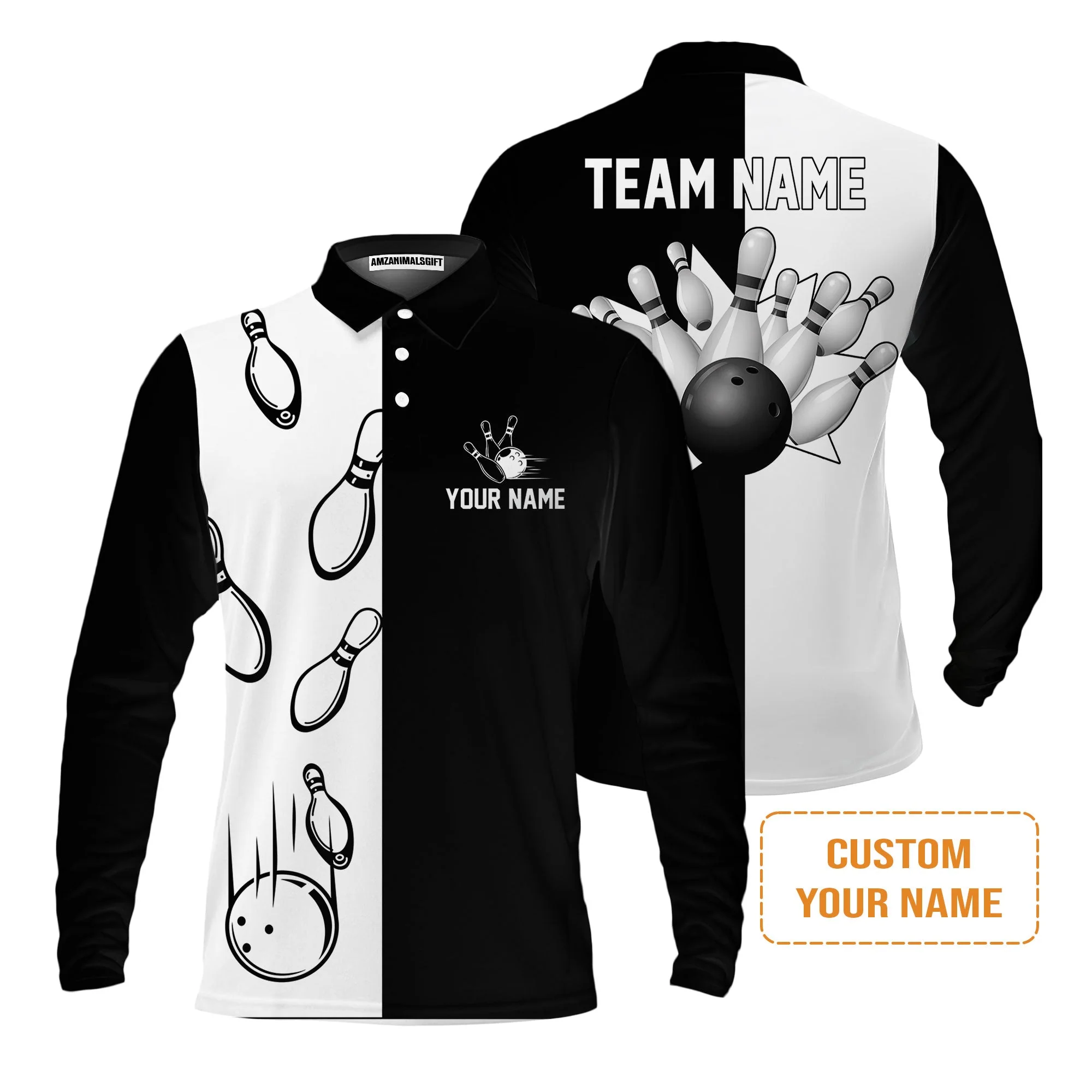 Bowling Custom Men's Long Sleeve Polo Shirt - Custom Name Black and white retro vintage Bowling Personalized Long Sleeve Polo Shirt - Image 2