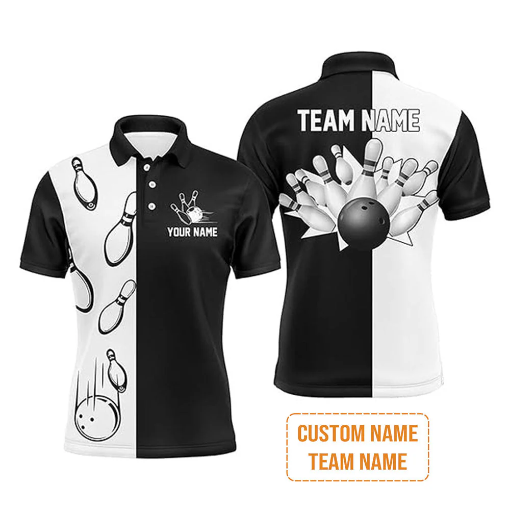 Bowling Custom Men's Long Sleeve Polo Shirt - Custom Name Black and white retro vintage Bowling Personalized Long Sleeve Polo Shirt - Image 3