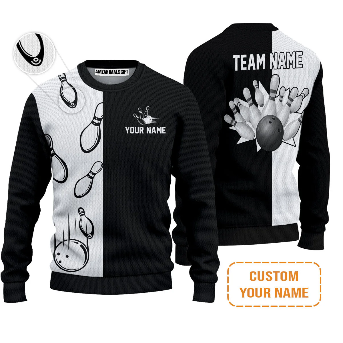 Bowling Custom Men's Long Sleeve Polo Shirt - Custom Name Black and white retro vintage Bowling Personalized Long Sleeve Polo Shirt - Image 4