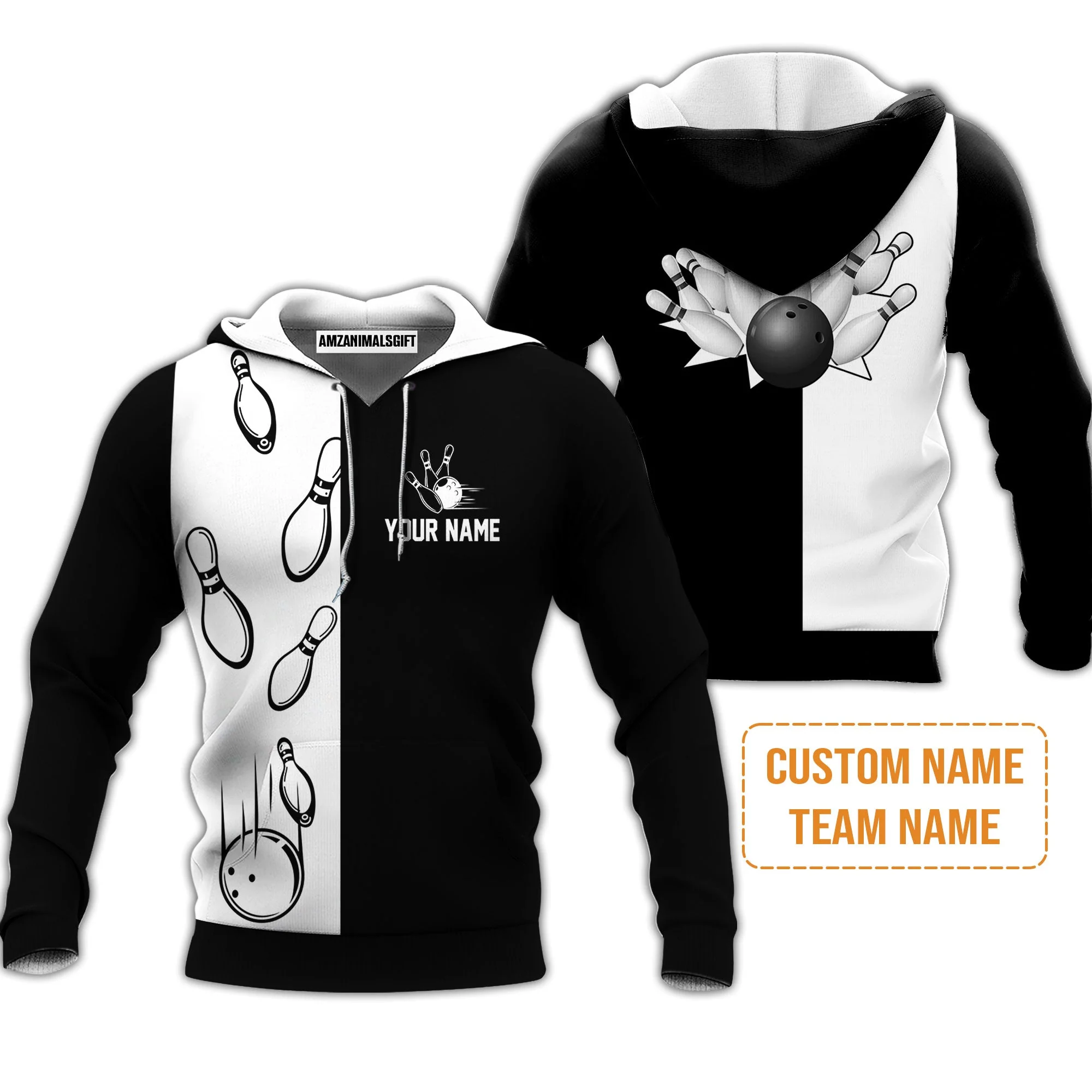 Bowling Custom Men's Long Sleeve Polo Shirt - Custom Name Black and white retro vintage Bowling Personalized Long Sleeve Polo Shirt - Image 5