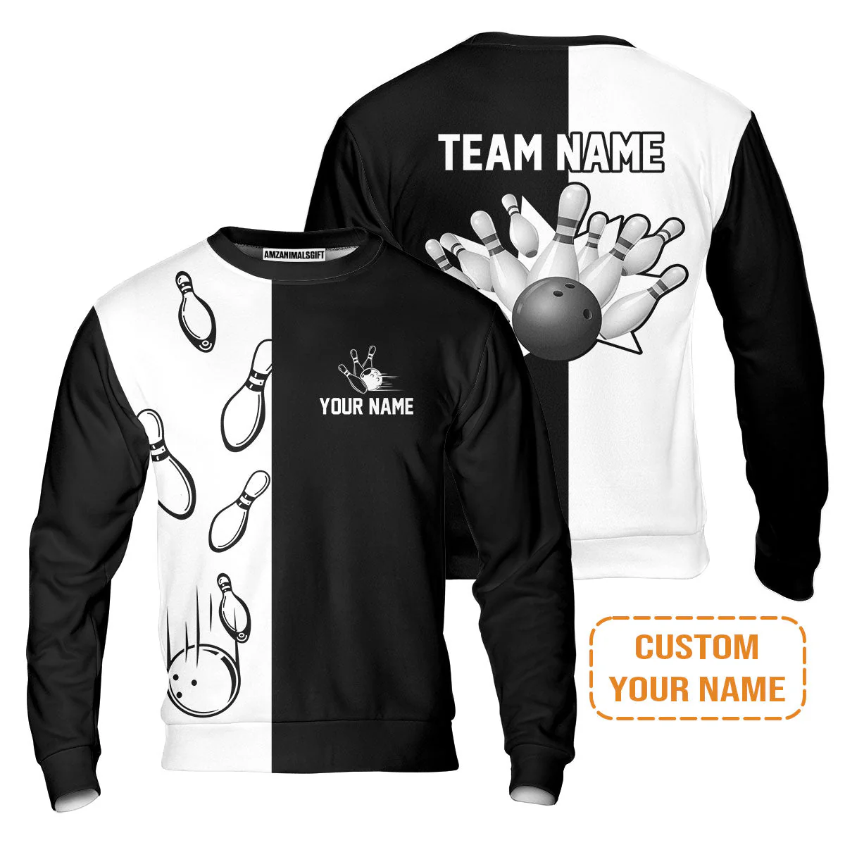 Bowling Custom Men's Long Sleeve Polo Shirt - Custom Name Black and white retro vintage Bowling Personalized Long Sleeve Polo Shirt - Image 6