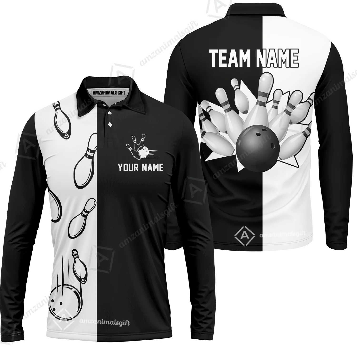 Bowling Custom Men's Long Sleeve Polo Shirt - Custom Name Black and white retro vintage Bowling Personalized Long Sleeve Polo Shirt - Image 8