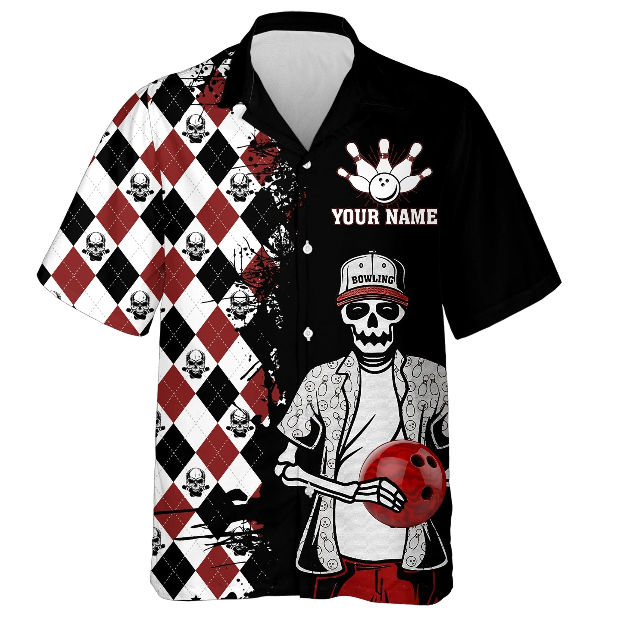Bowling Custom Name And Team Name Hawaiian Shirt, Argyle Pattern Skull Bowling Personalized Hawaiian Shirts For Men Women, Bowling Lovers, Bowlers - Image 3