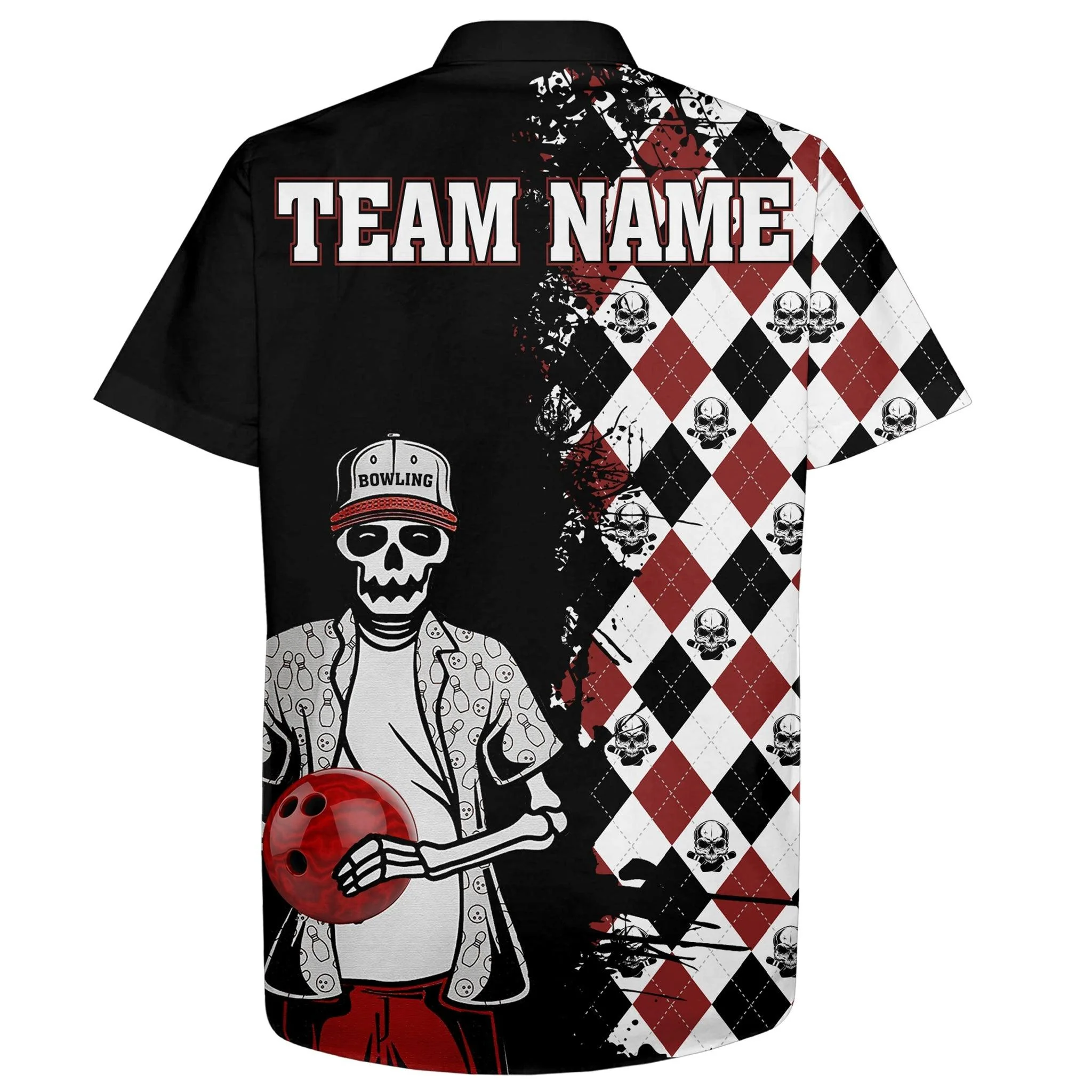 Bowling Custom Name And Team Name Hawaiian Shirt, Argyle Pattern Skull Bowling Personalized Hawaiian Shirts For Men Women, Bowling Lovers, Bowlers - Image 4