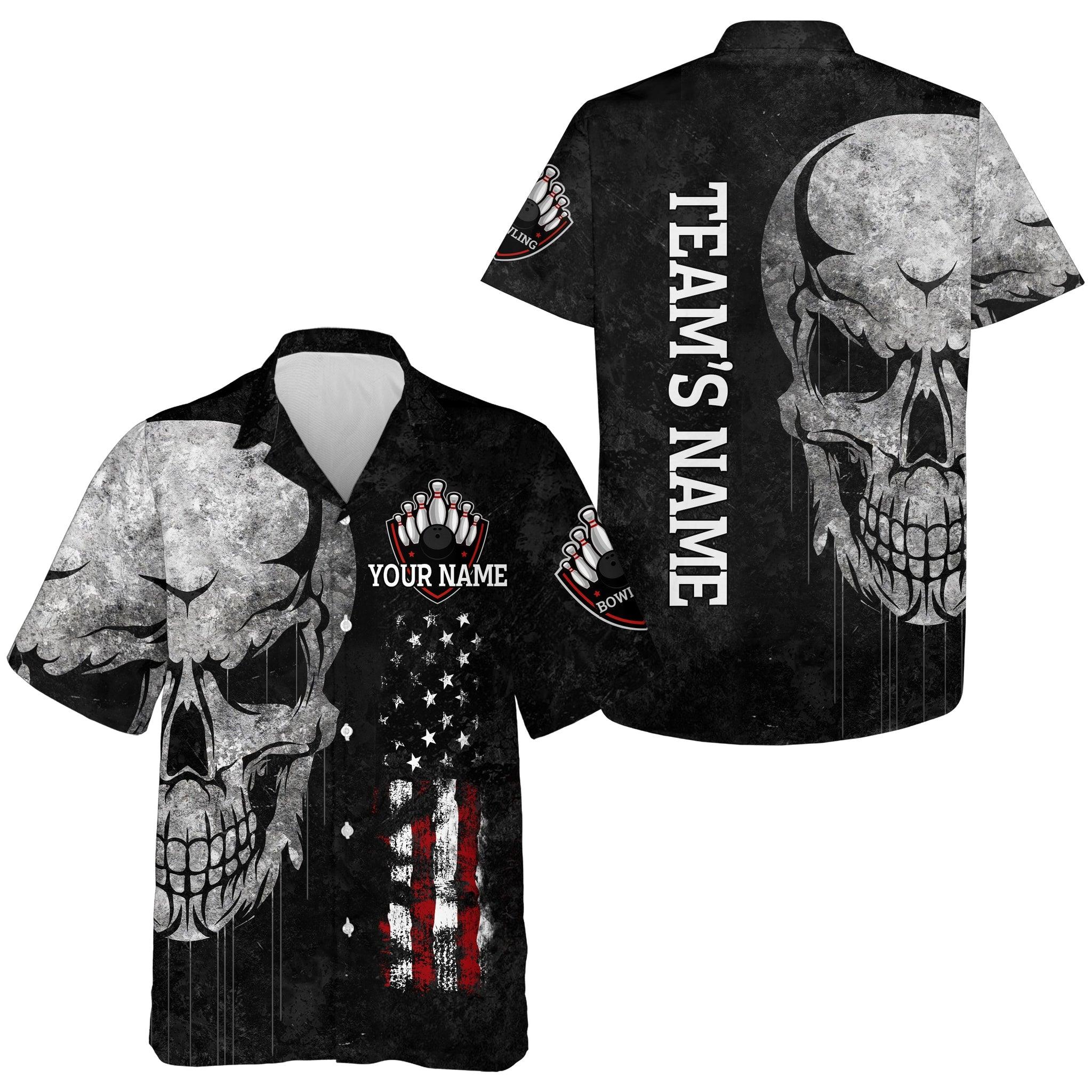 Bowling Custom Name And Team Name Hawaiian Shirt, Skull Patriotic American Flag Personalized Hawaiian Shirts For Men Women, Bowling Lovers, Bowlers