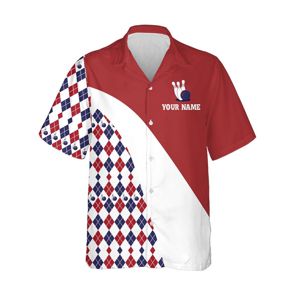 Bowling Custom Name Hawaiian Shirt, Red Argyle Blowing Personalized Hawaiian Shirts For Men Women, Team, Bowling Lovers, Bowlers - Image 2