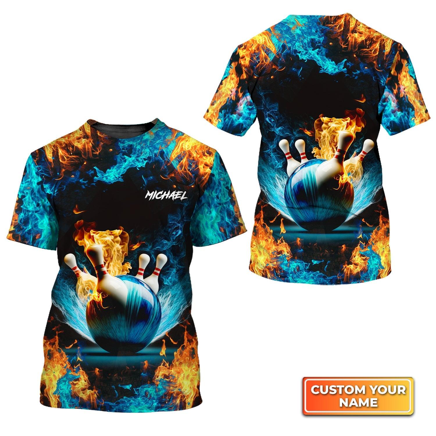 Bowling Custom Name T Shirt, Blue Bowling Ball And Pins On Fire Personalized T-Shirt For Men, Perfect Gift For Bowling Lovers, Bowlers, Team, Friend - Image 3
