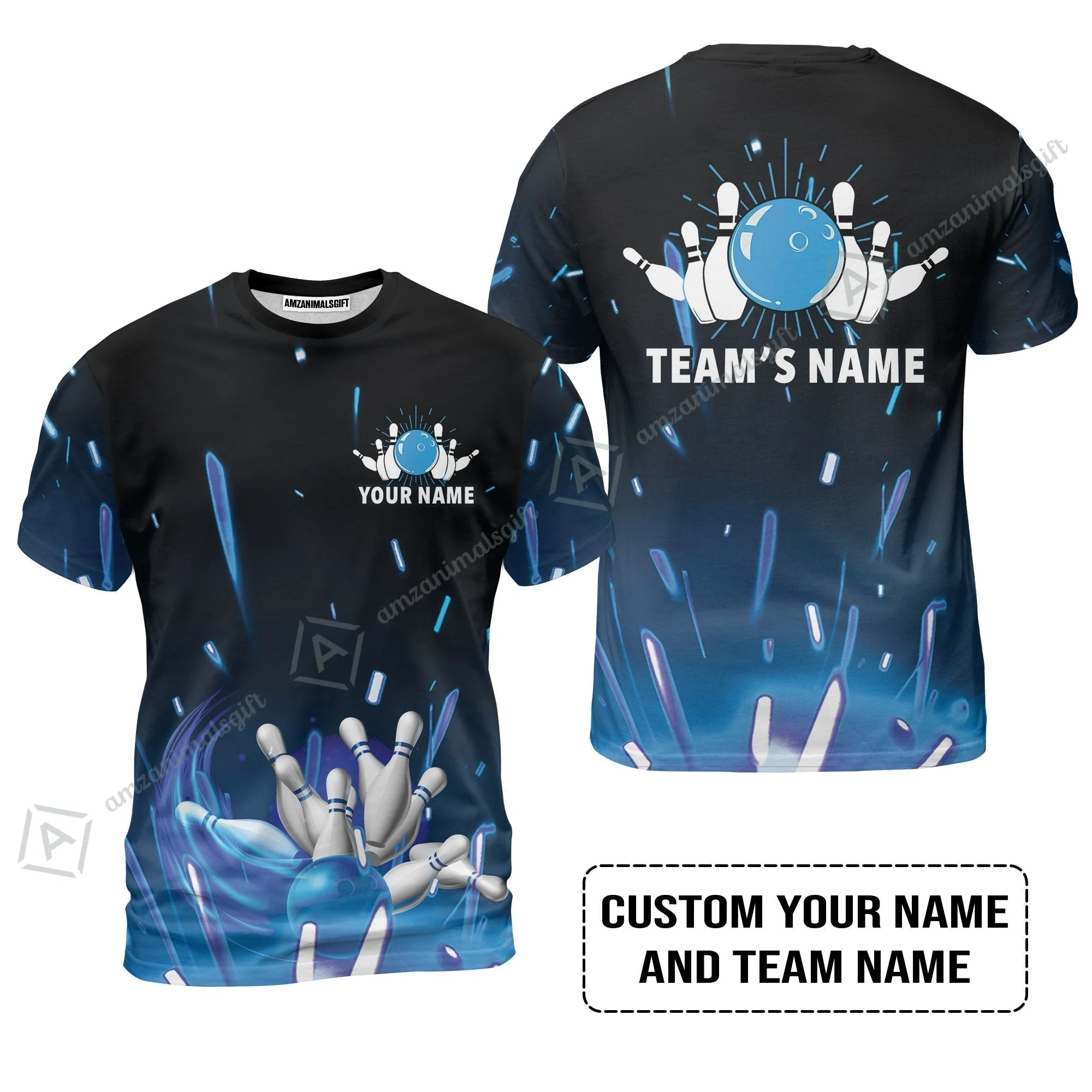 Bowling Custom Name T-Shirt - Blue Bowling Personalized T-Shirt - Gift For Friend, Family, Bowling Lovers