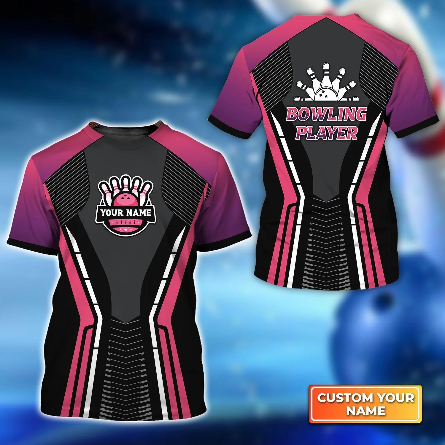 Bowling Custom Name T Shirt, Bowling Strike Black Pink Personalized T-Shirt For Men, Perfect Gift For Bowling Lovers, Bowlers, Team, Friend