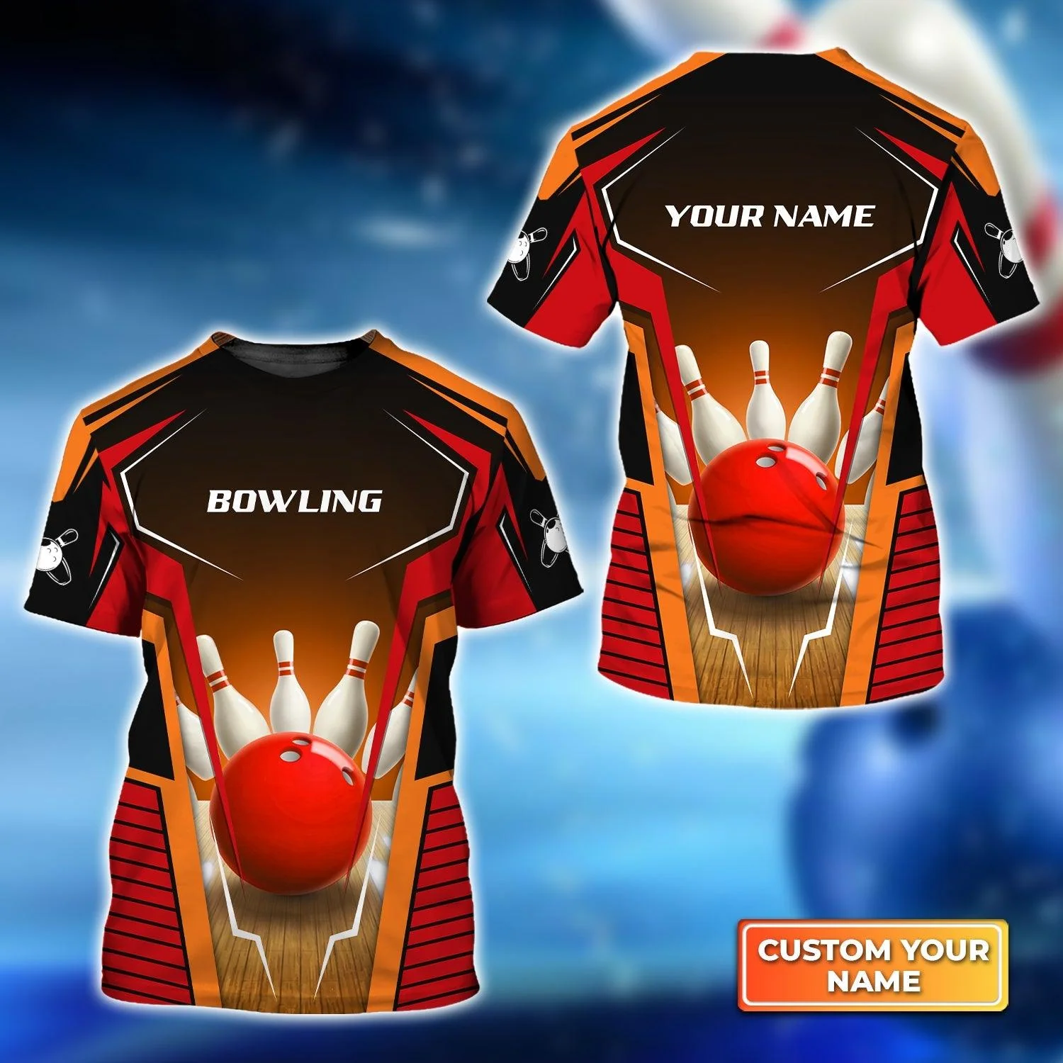Bowling Custom Name T Shirt, Mens Bowl Pin And Red Bowling Ball Personalized T-Shirt For Men, Gift For Bowling Lovers, Bowlers, Team, Friend
