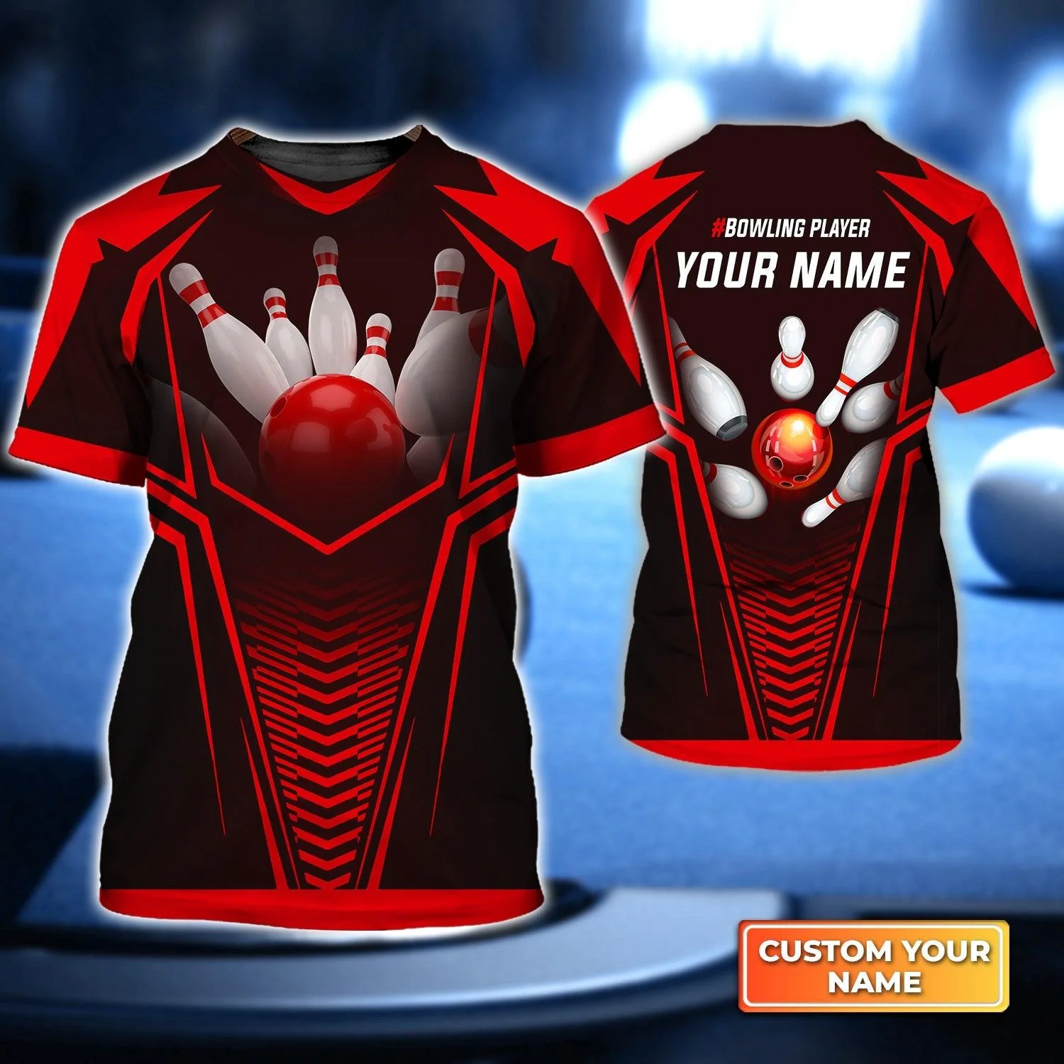 Bowling Custom Name T Shirt, Red Bowling Ball Crashing The Pins Personalized T-Shirt For Men, Perfect Gift For Bowling Lovers, Bowlers, Team, Friend