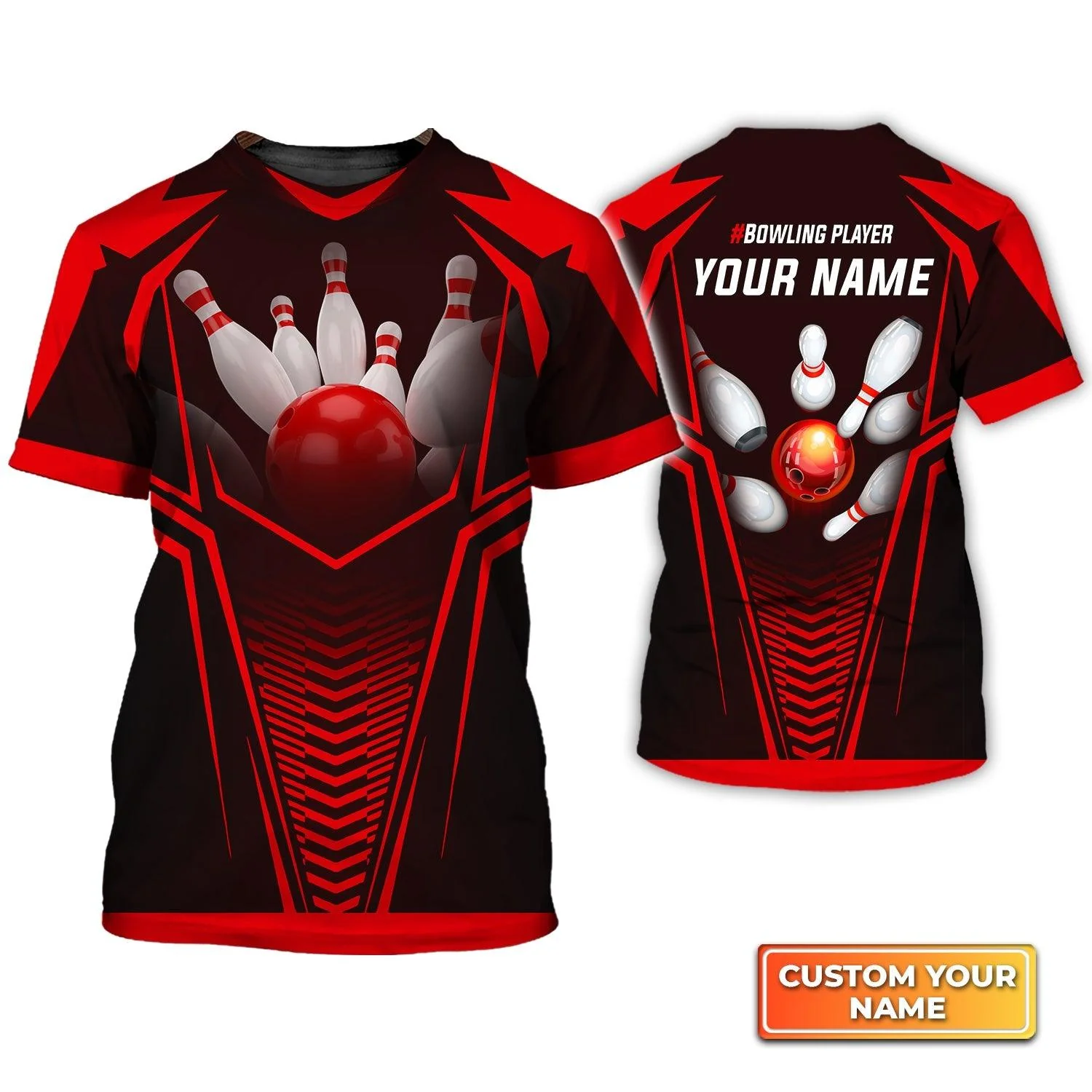 Bowling Custom Name T Shirt, Red Bowling Ball Crashing The Pins Personalized T-Shirt For Men, Perfect Gift For Bowling Lovers, Bowlers, Team, Friend - Image 2
