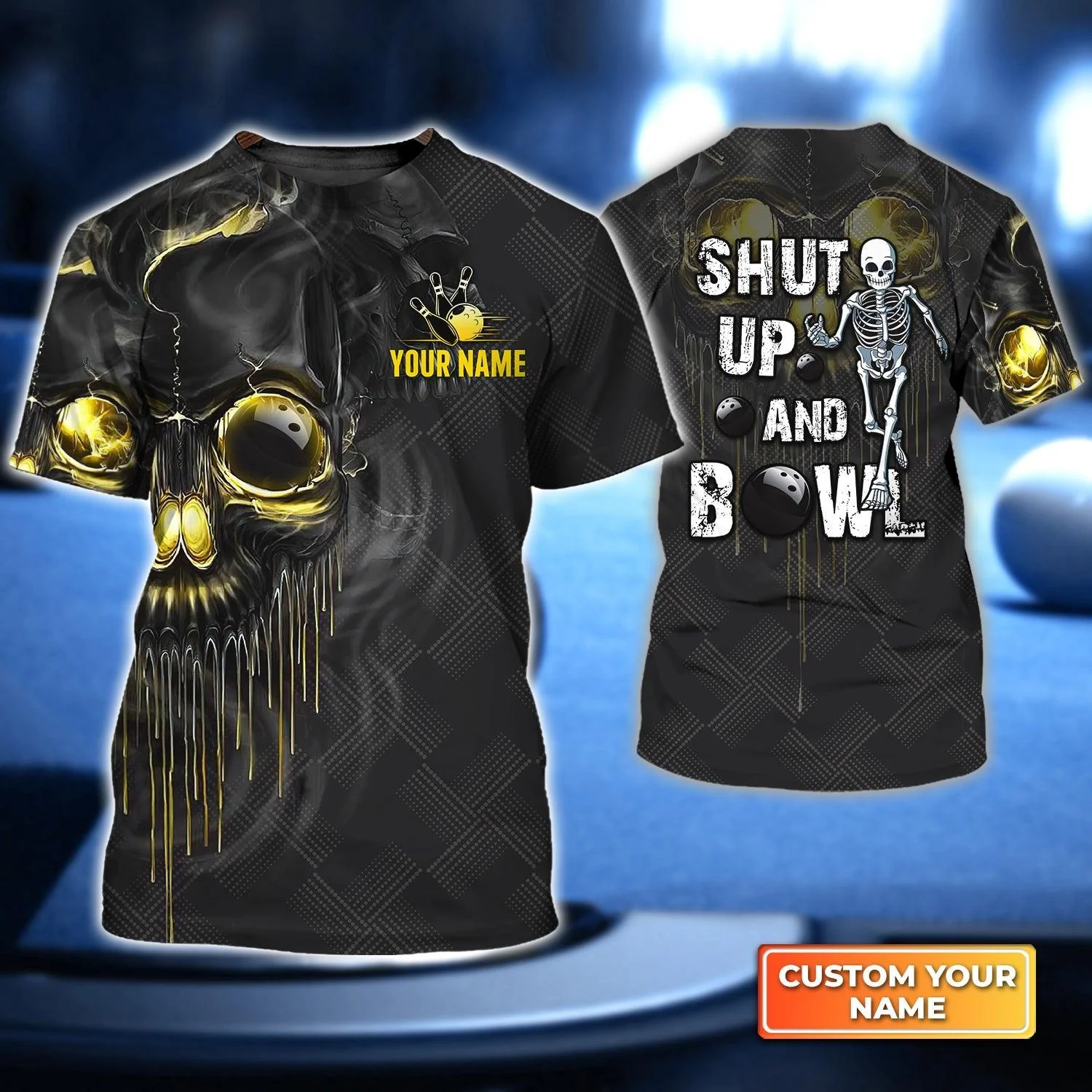 Bowling Custom Name T Shirt, Shut Up And Bowl Golden Skull Personalized T-Shirt For Men, Perfect Gift For Bowling Lovers, Bowlers, Team, Friend