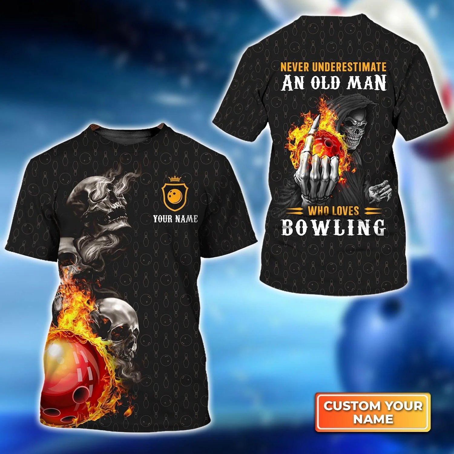 Bowling Custom Name T Shirt, Skull Never Underestimate An Old Man Who Loves Bowling Personalized Name T-Shirt For Men, Gift For Bowling Lovers, Team